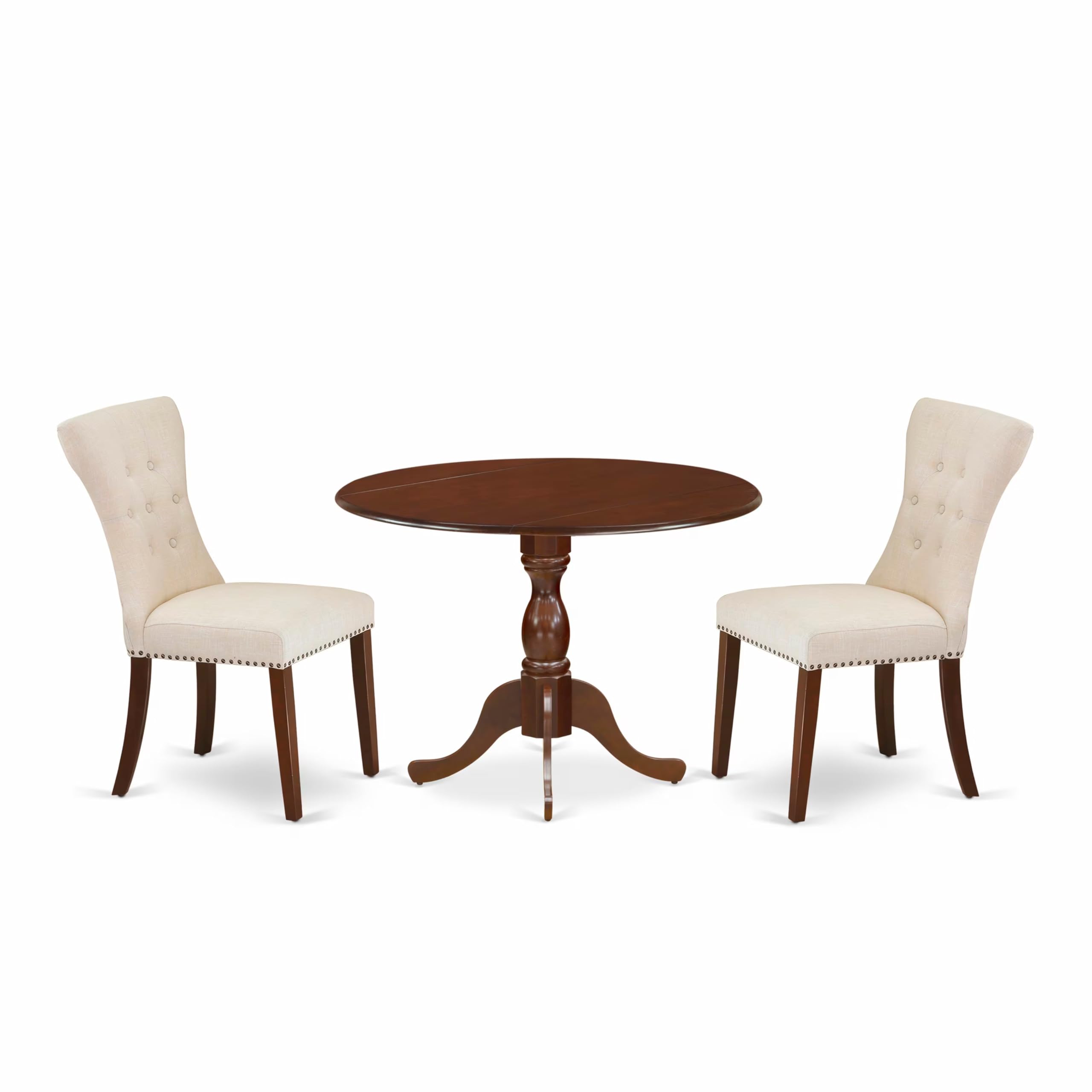 East West Furniture DMGA3-MAH-32 3 Piece Dining Set Contains a Round Dining Room Table with Dropleaf and 2 Light Beige Linen Fabric Upholstered Chairs, 42x42 Inch, Mahogany
