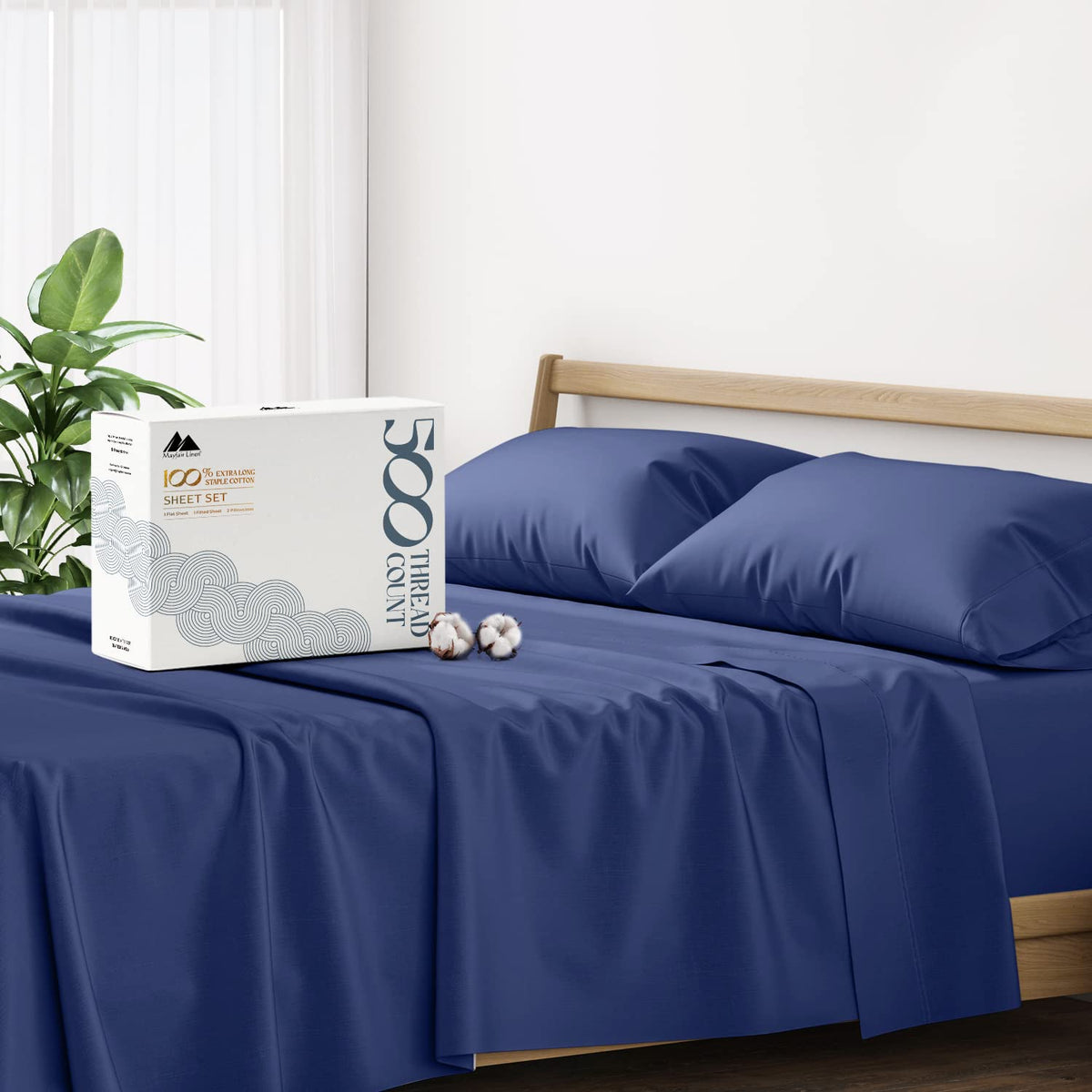 Mayfair Linen 100% Cotton Sheets For Queen Size Bed - Luxury 500 Thread Count Queen Sheet Set, 4 Piece Sateen Weave Queen Navy B