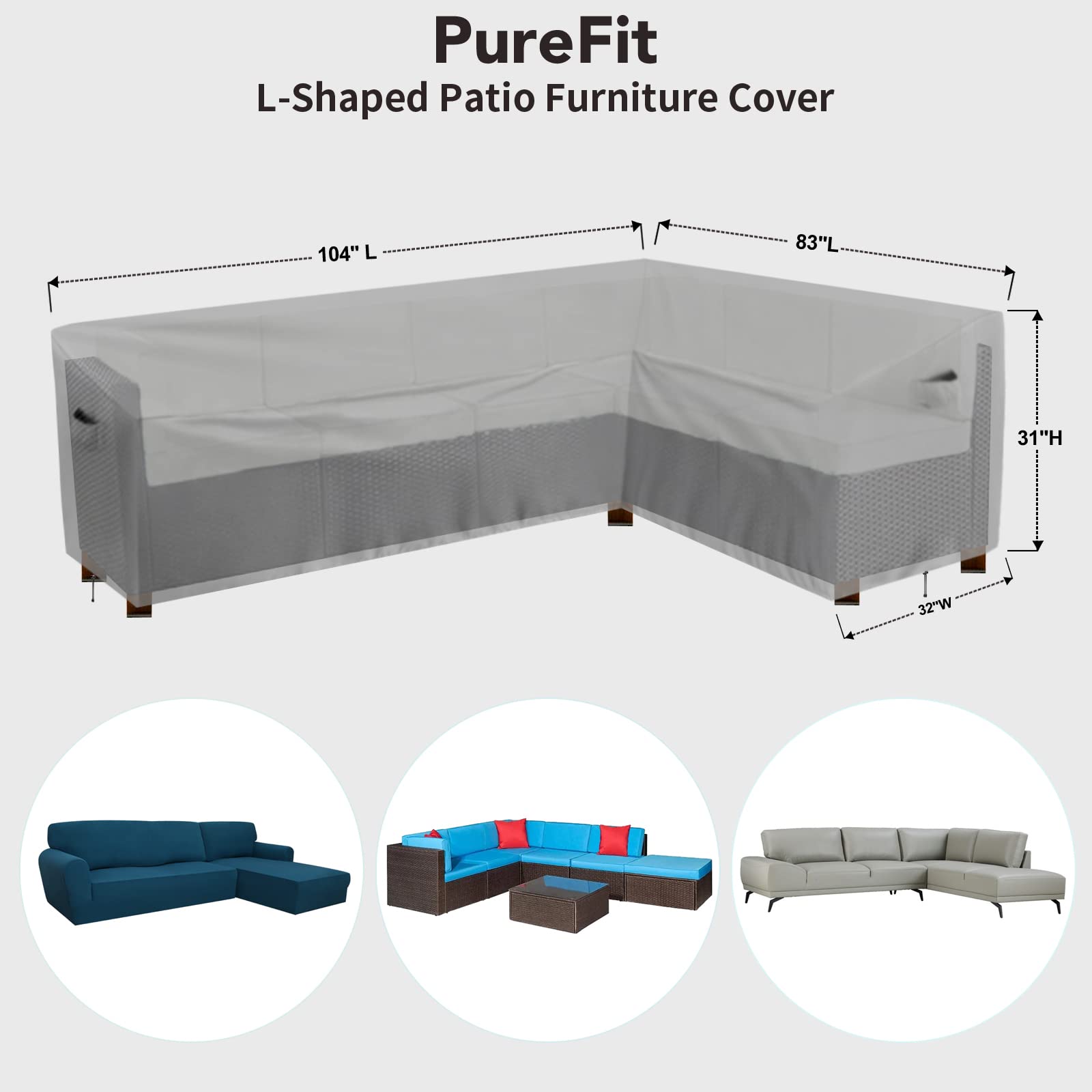Purefit Outdoor Sectional Sofa Cover Waterproof L Shaped Patio Furniture Covers For Deck, Lawn And Backyard, 104”X83” Right Facing, Gray