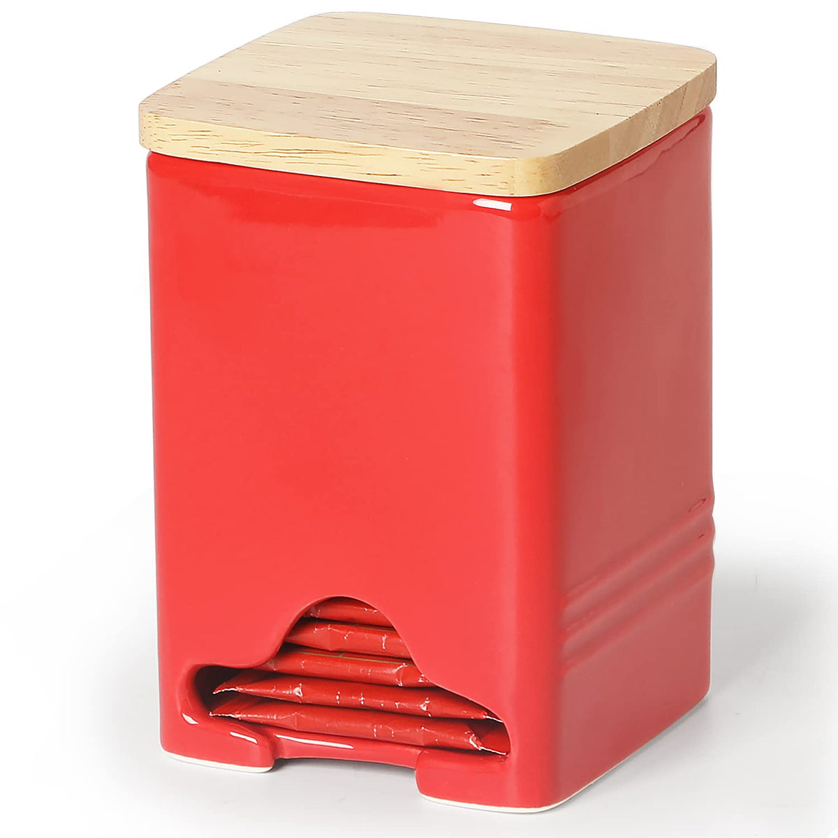Quxija Ceramic Tea Bag Storage Organizer Caddy Holder With Lid (Red)