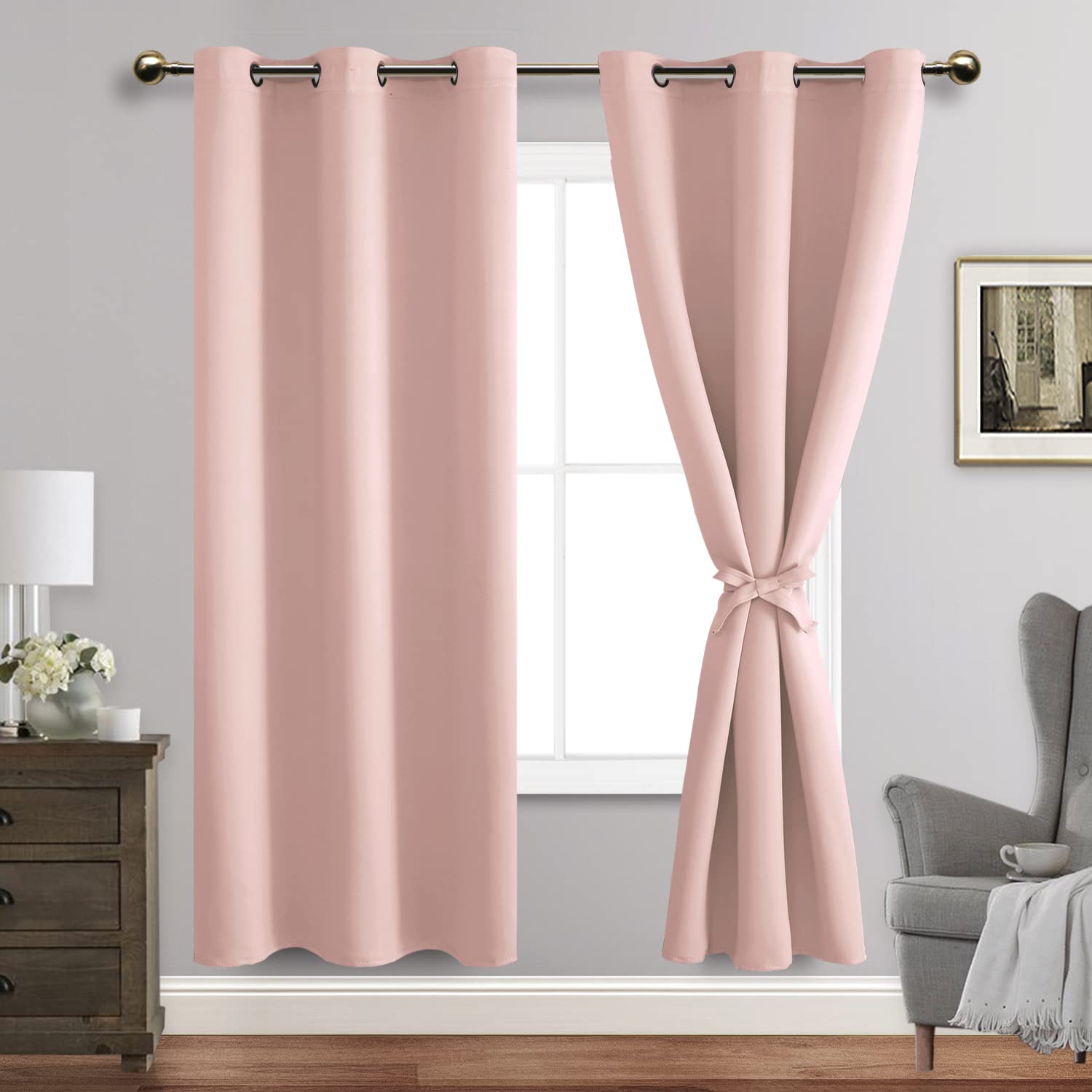 Jiuzhen Blush Pink Blackout Curtains With Tiebacks Thermal Insulated,Light Blocking And Noise Reducing Grommet Curtains For Bedroom And Living Room, Set Of 2 Window Curtain Panels, 42 X 72 Inch Length