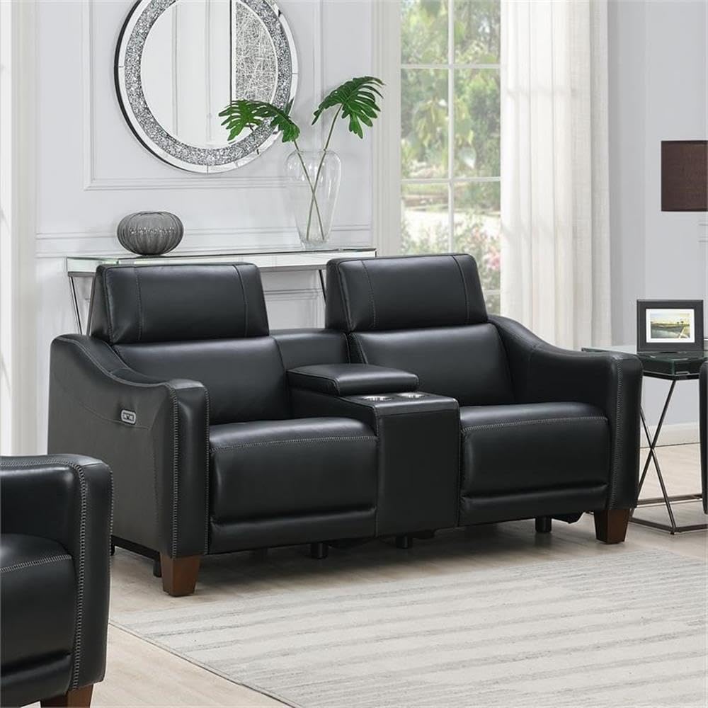 Steve Silver Ebony Black Dual-Power Leather Loveseat - Thumbnail 3
