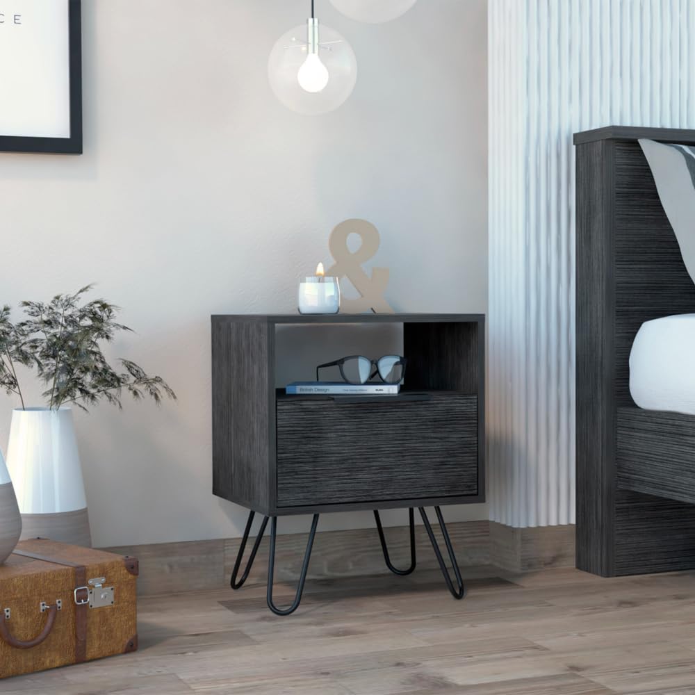 Nightstand Skyoner, Single Drawer, Hairpin Legs - Smokey Oak