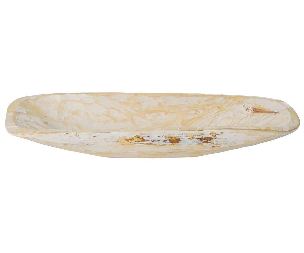 HomeRoots Distressed White Wood Rustic White and Natural Handcarved Thin Oval Centerpiece Bowl