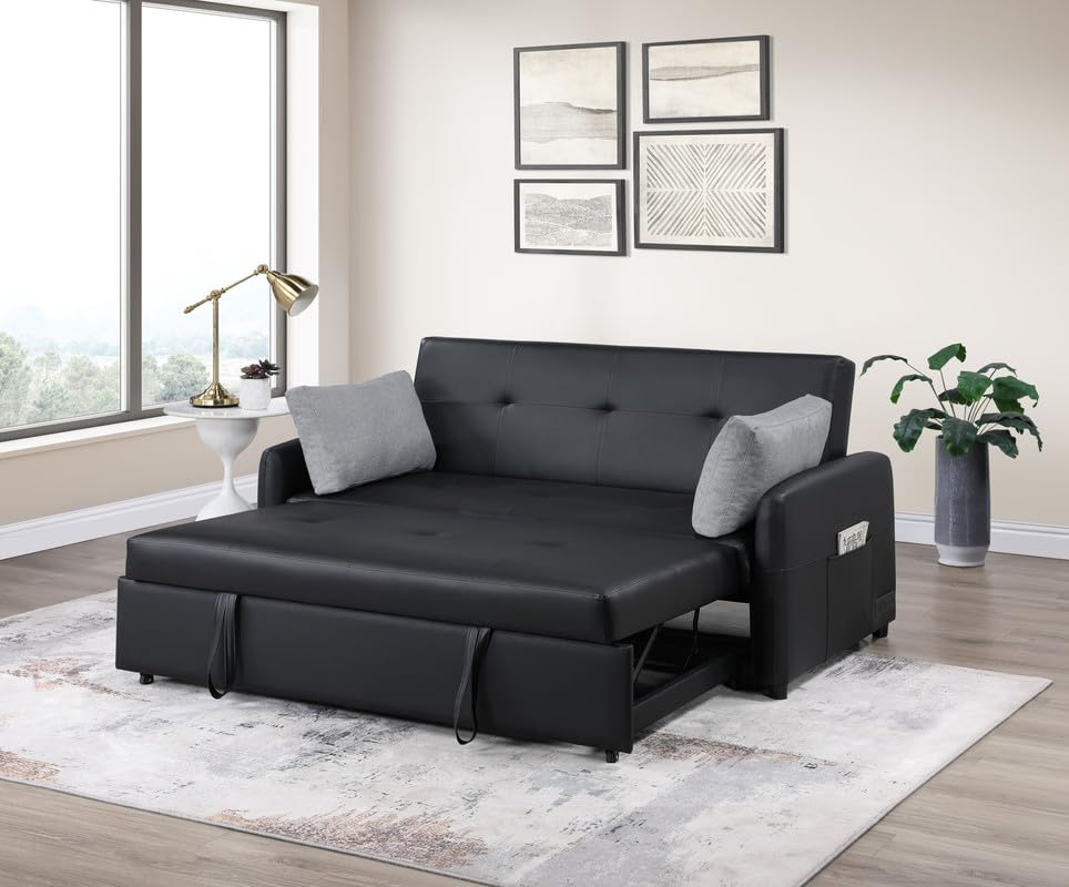 Lilola Home Radella 69" W Black PU Leather Convertible Sleeper Loveseat with USB Ports, Power Sockets, Pockets, Pillows, Tufting