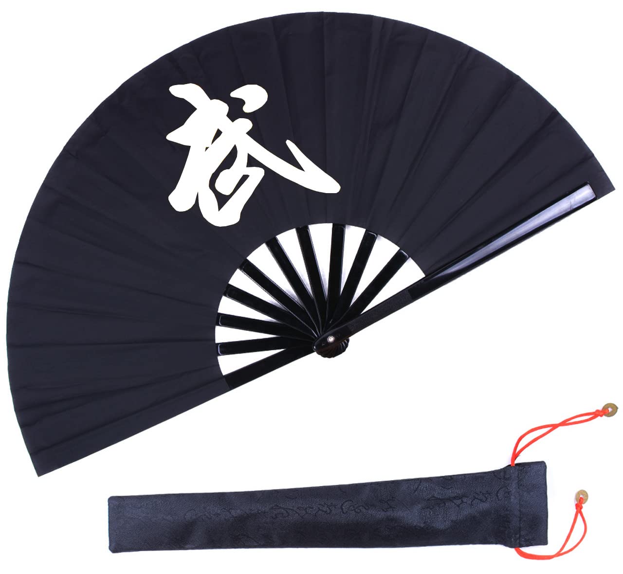 Folding Fan Black-Large Hand Fan Chinese Kung Fu Tai Chi Plastic-Nylon Hand Held Folding Fans for Men/Women with a Fabric Case f