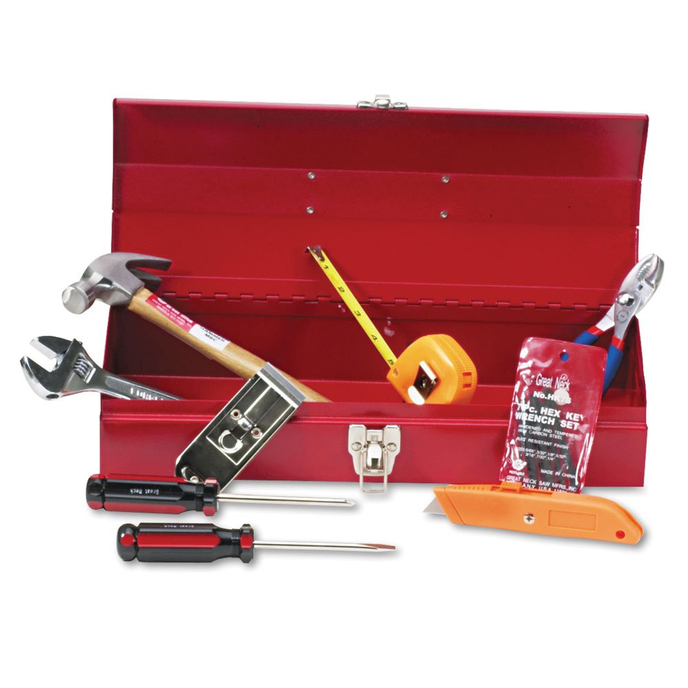 Great Neck 16-Piece Light-Duty Office Tool Kit, Metal Box, Red