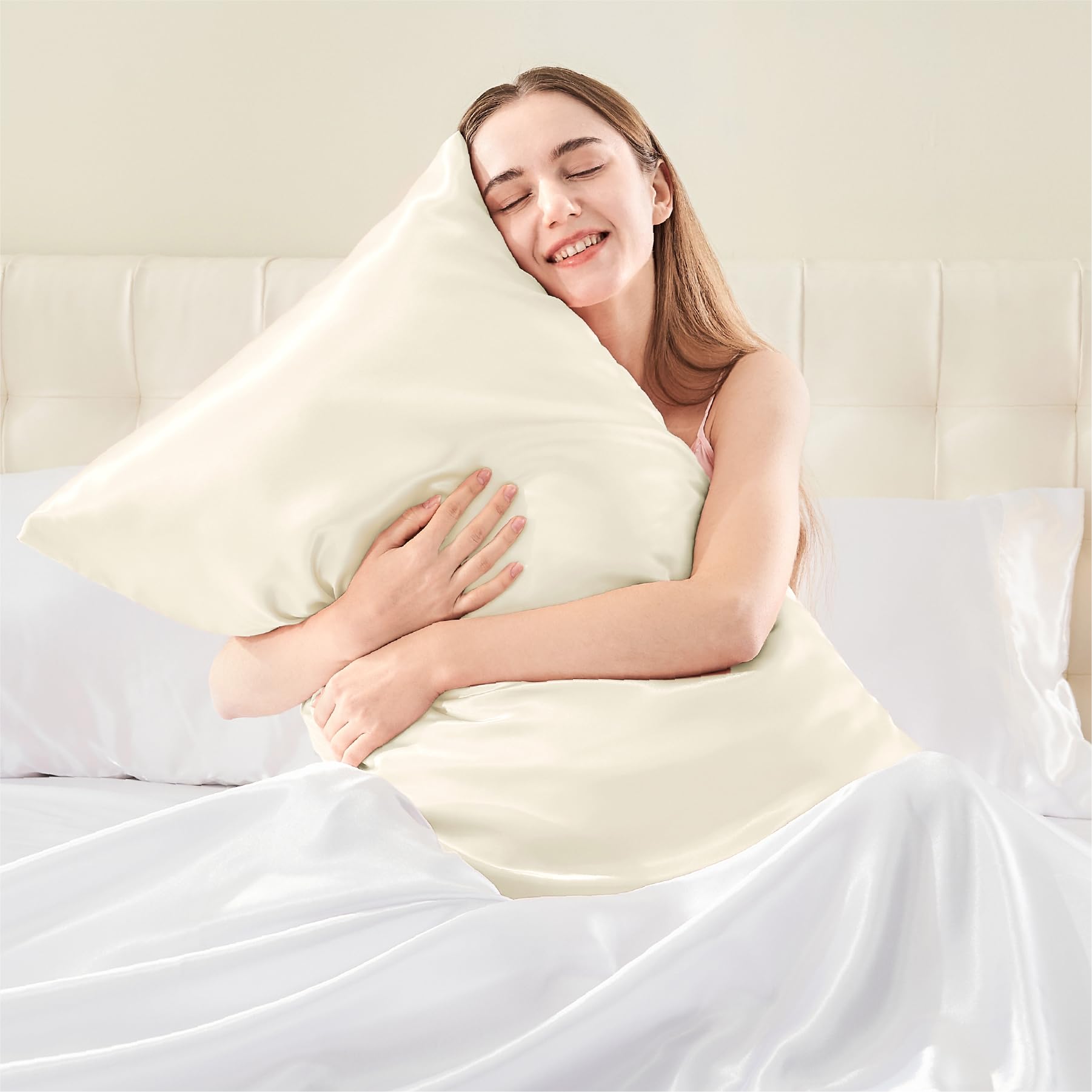 Bedelite Satin Pillowcase With Zipper, Beige Pillow Cases Queen Size Set Of 2, Super Soft And Cooling Similar To Silk Pillow Cas