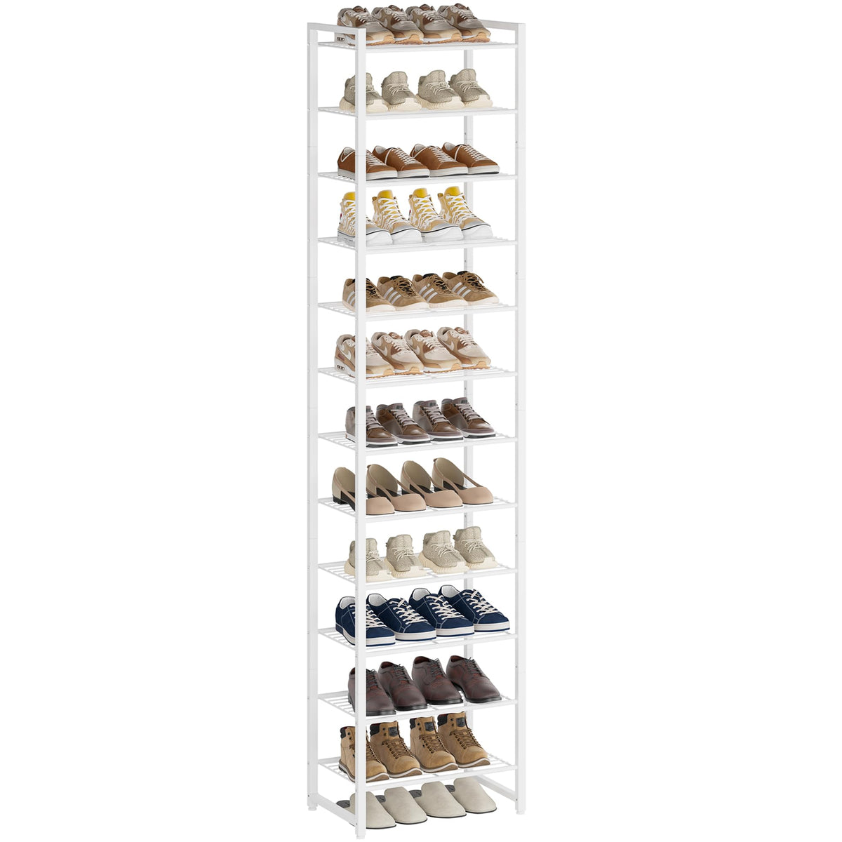 Nunsino Narrow Shoe Rack, 12Tier Metal Shoe Organizer,Tall Shoe Shelf with AntiTip Strap, Max Holds 24 Pairs,Space Saving for 