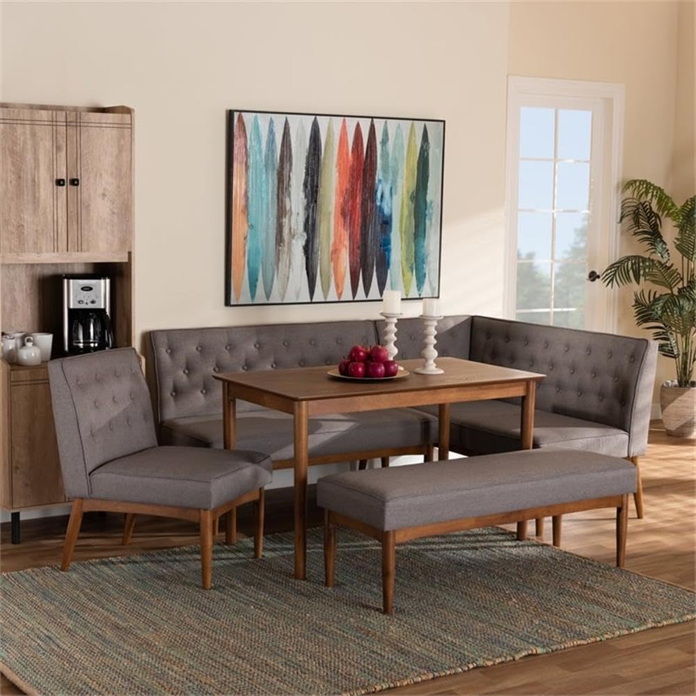 Baxton Studio Riordan Mid-Century Modern Grey Fabric Upholstered and Walnut Brown Finished Wood 5-Piece Dining Nook Set
