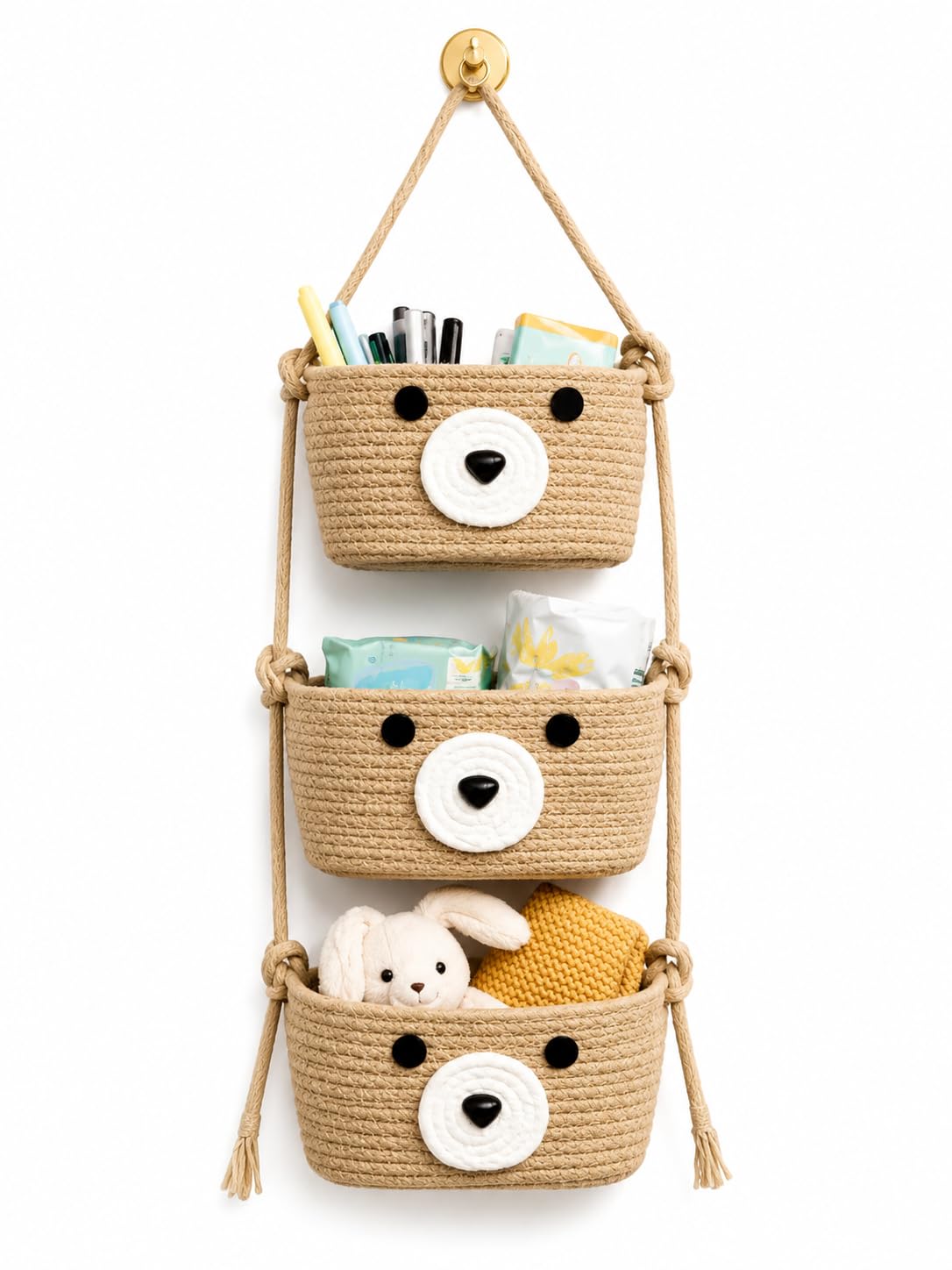 Bear Hanging Storage Baskets, 3Tier Woven Rope, 65X24 Cm