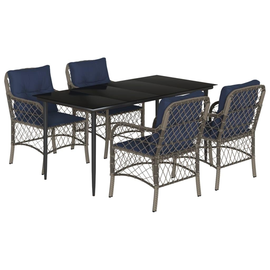 vidaXL 5-Piece Patio Furniture Set – Poly Rattan Dining Table with Gray Cushions, Naval Blue, Tempered Glass Top, Powder-Coated Steel Frame for Outdoor/Patio/Garden