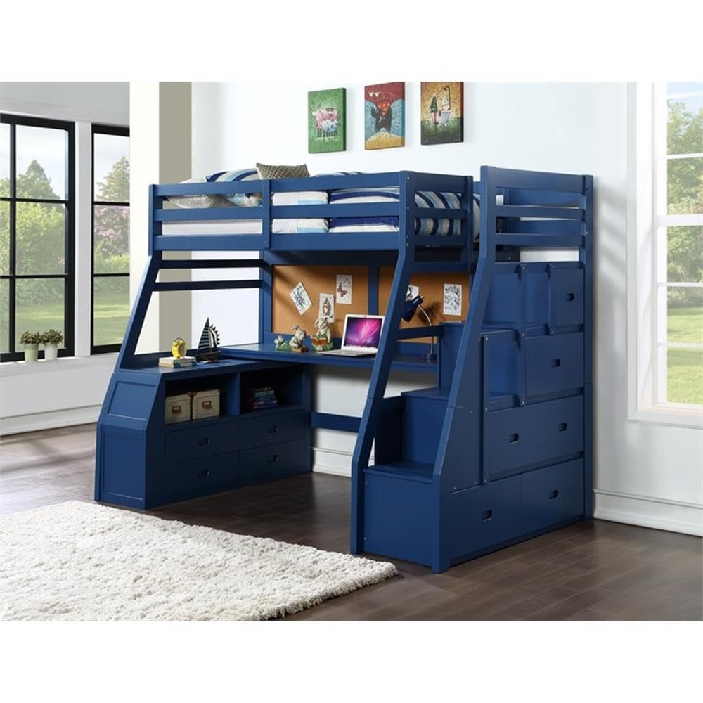 Acme Jason II Storage Twin Wooden Loft Bed with 8 Drawers in Navy Blue
