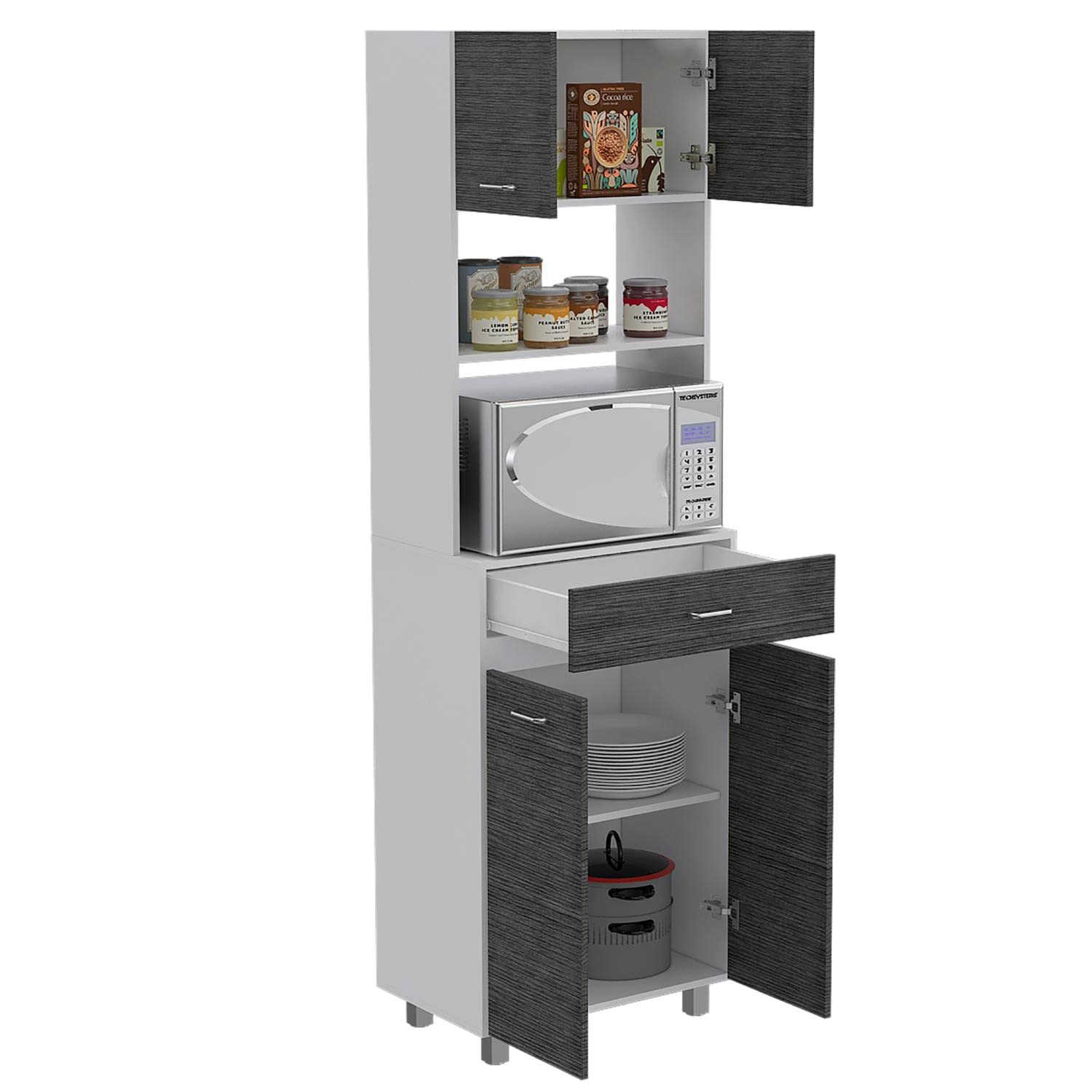 Mucura Microwave Cabinet with Drawer, 2 Double Doors, Open Shelf, and 4 Shelves, Smokey Oak/White