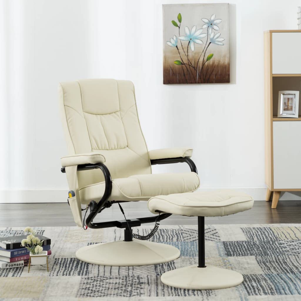 vidaXL Cream Faux Leather Massage Recliner with Ottoman, Comfortable Vibrating Chair with Heat Function, 360-Degree Swivel, Adjustable Backrest, Durable Upholstery, and Modern Design