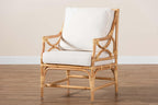 Baxton Studio Brandon Modern Bohemian White Fabric Upholstered and Natural Brown Rattan Armchair