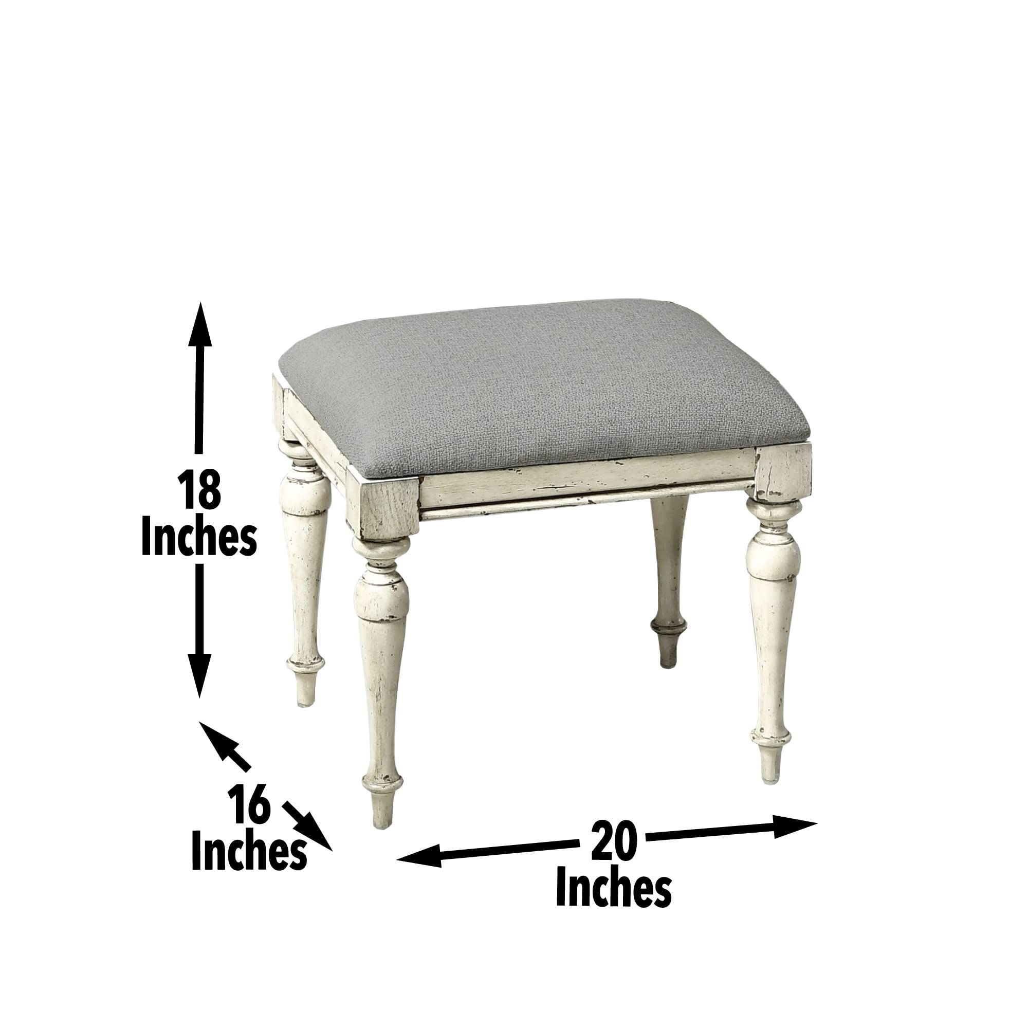 Steve Silver Furniture Highland Park Vanity Bench, w/ Upholstered Cushion for Bedroom, Hardwood Solids, Tapered Turned Leg, Farmhouse Style, Padded Dove Fabric, 20&quot;W x 16&quot;D x 18.25&quot;H, Cathedral White