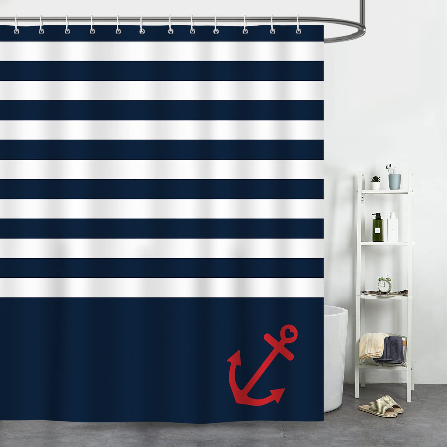 Bonhause Nautical Stripe Shower Curtain Anchor Navy Blue Decorative Bath Curtain 72 x 72 Inch Polyester Fabric Waterproof Bathro