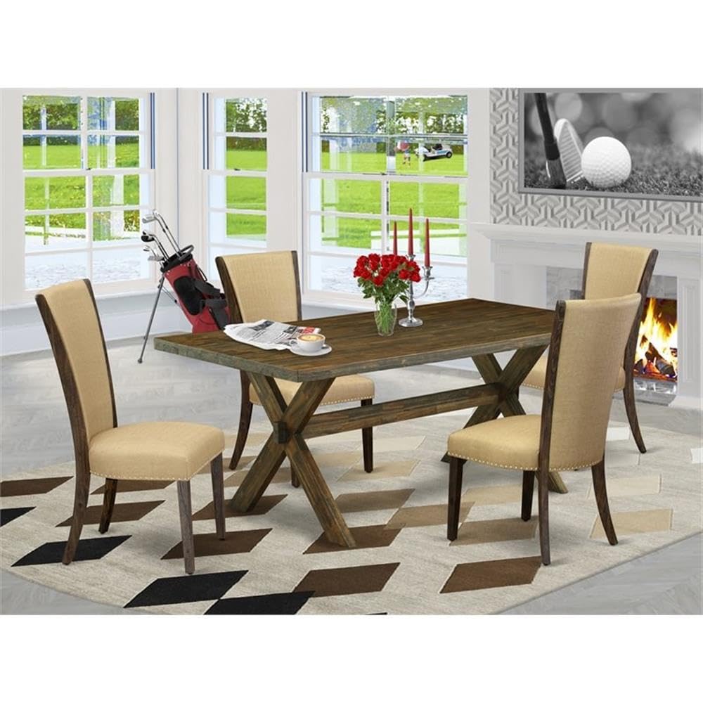 East West Furniture X777Ve703-5 5 Piece Dining Set Includes A Rectangle Dining Room Table With X-Legs And 4 Brown Linen Fabric Upholstered Parson Chairs, 40X72 Inch, Multi-Color