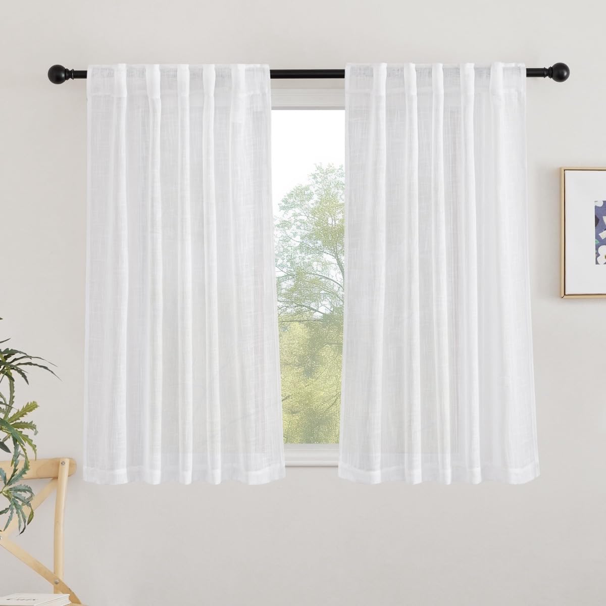 Nicetown White Faux Linen 48 Inch Curtains For Cafe, Rod Pocket & Back Tab Linen Weave Window Treatments Privacy With Light Filt