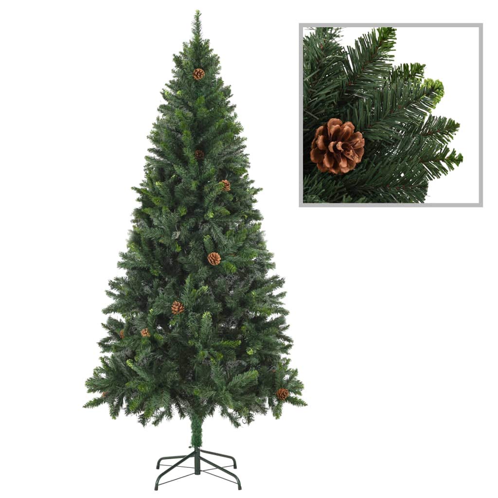 vidaXL 6ft Artificial Christmas Tree Mimicking Pine with Pine Cones and Green Glitter Tips - Easy to Assemble, Economic and Lifelike Design