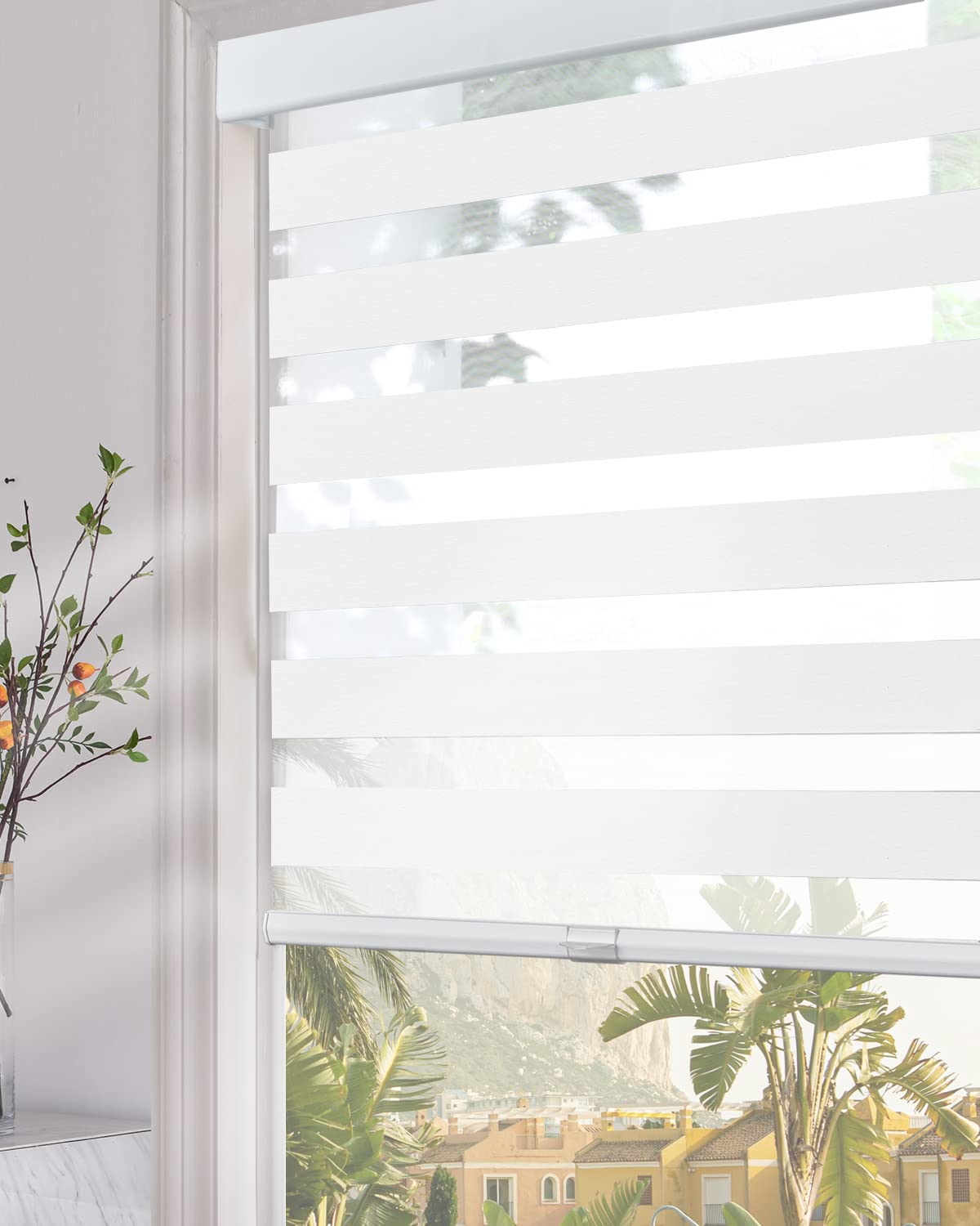 Persilux Cordless Zebra Blinds for Windows (34  W x 72  H, White) with Upgraded Cassette Light Filtering Dual Layers Sheer Rolle