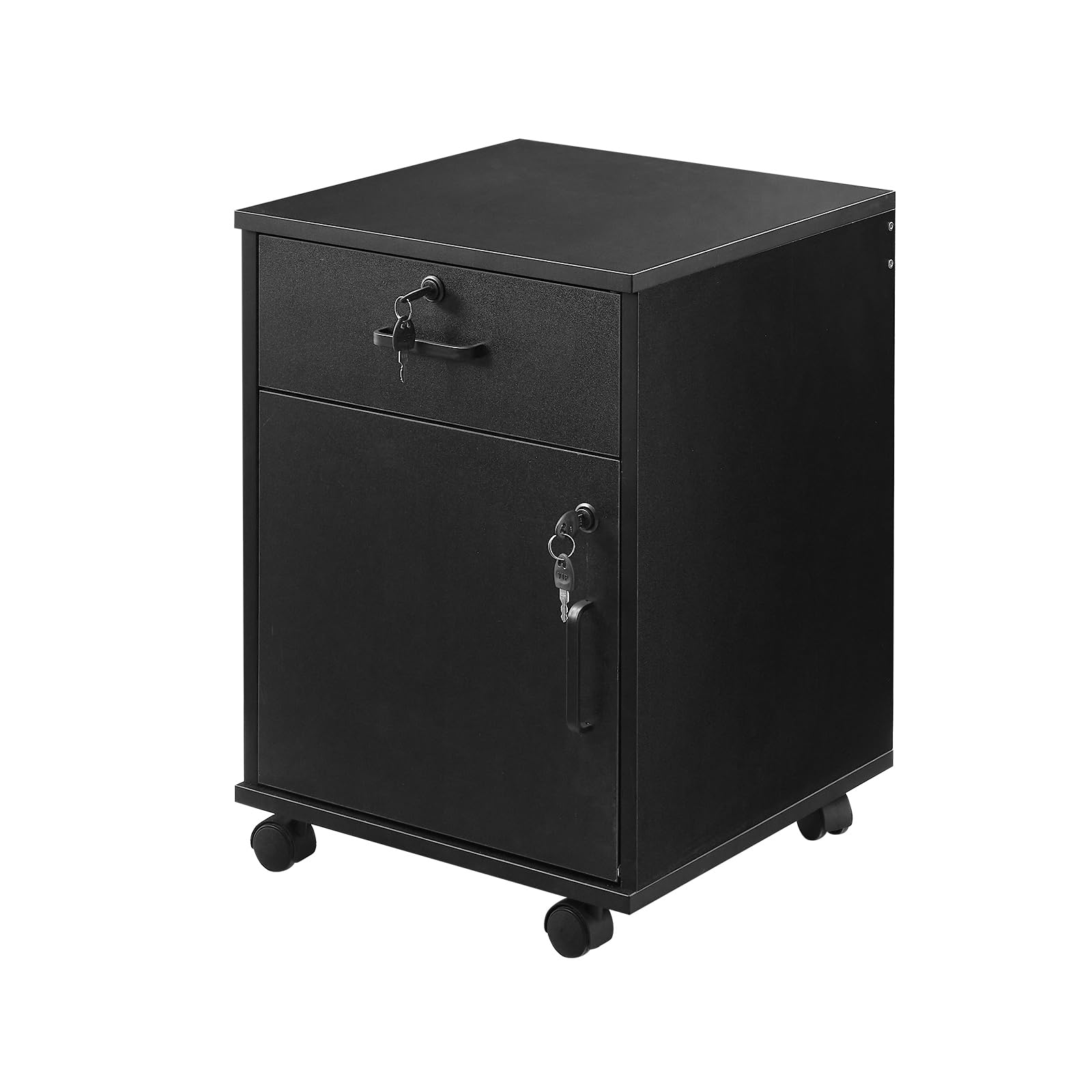 Ofcasa Mobile File Cabinet With Lockable Drawer & Door, Under Desk Cabinet With 360°Swivel Wheels, Wooden Stationery Storage Cabinet For Legal/Letter/ A4 Documents (Black)