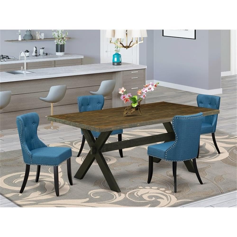 East West Furniture X677Si121-5 5 Piece Dining Table Set For 4 Includes A Rectangle Kitchen Table With X-Legs And 4 Blue Linen Fabric Parson Dining Chairs, 40X72 Inch, Multi-Color