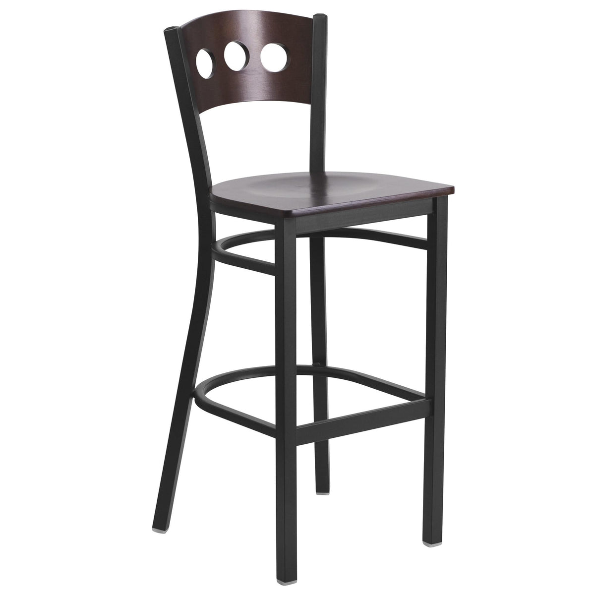 Flash Furniture Hercules Series Black 3 Circle Back Metal Restaurant Barstool - Walnut Wood Back & Seat