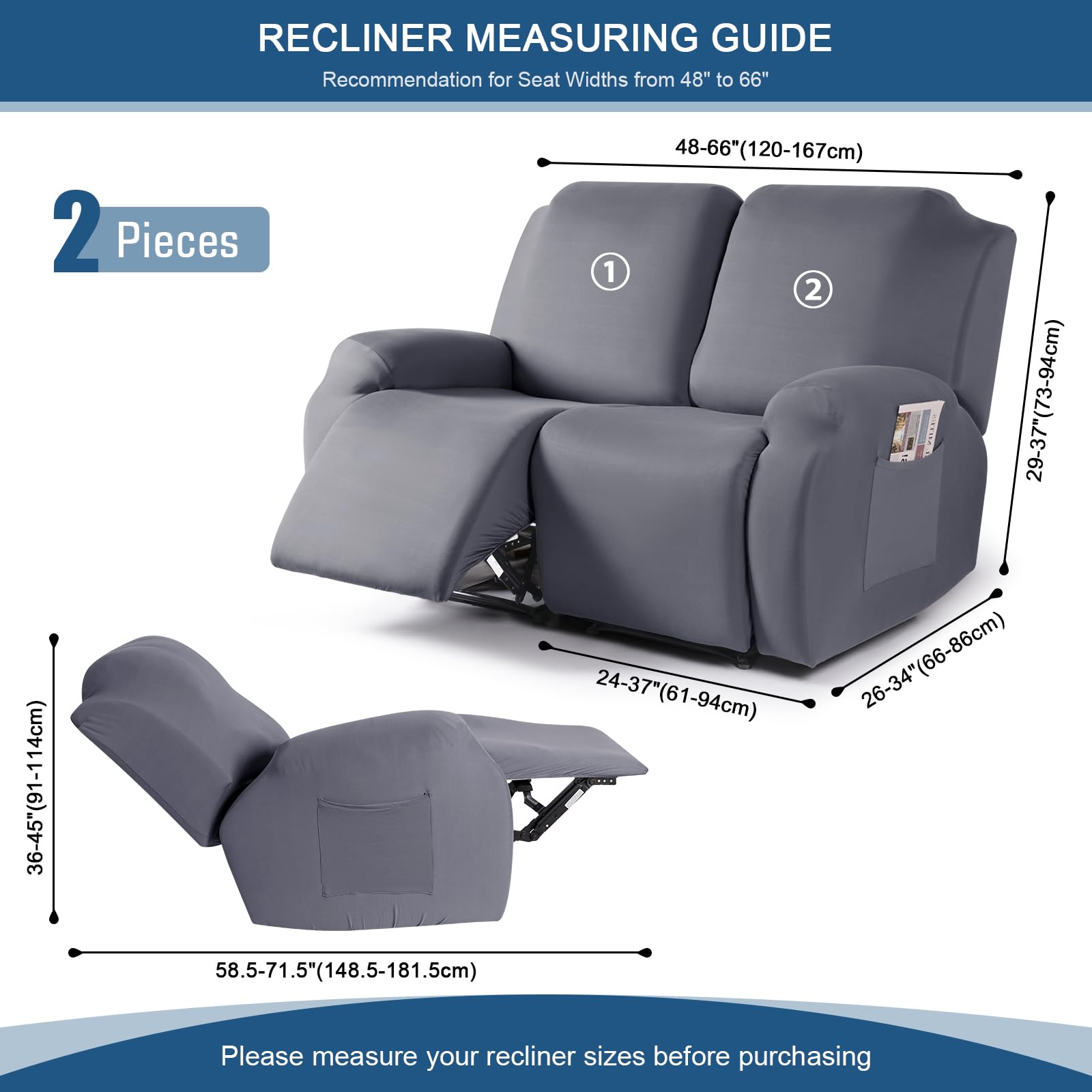 Taococo Recliner Loveseat Slipcover, 2 Pieces Polyester Fabric Stretch Sofa Covers For 2 Seat Reclining Couch, Soft Washable Fur