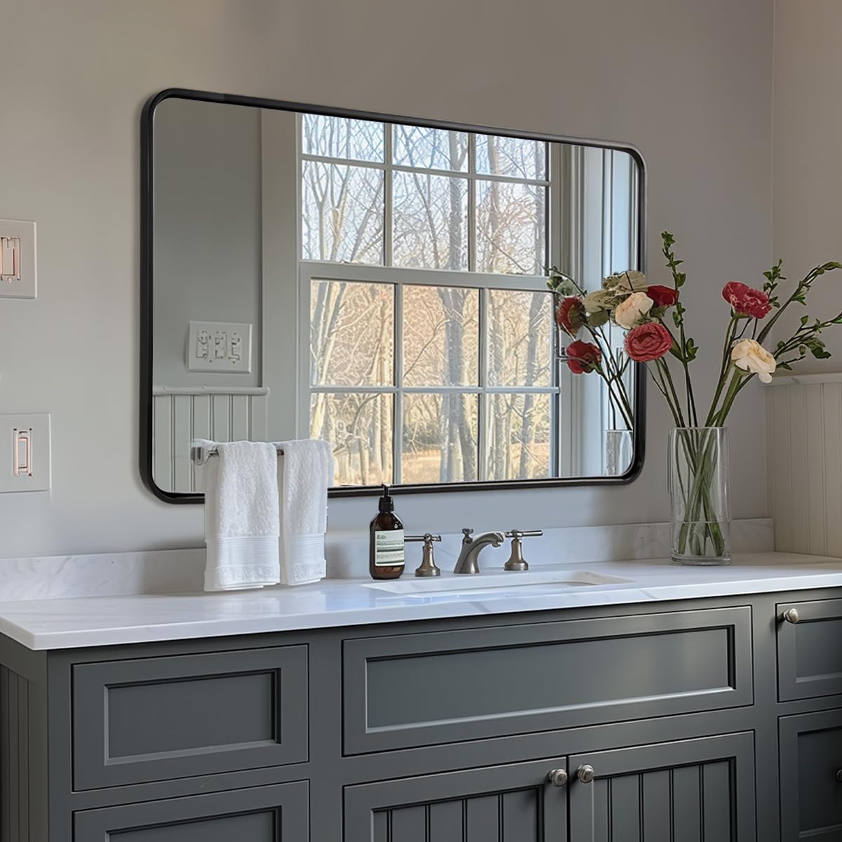 ANDY STAR 48X32 Inch Black Bathroom Mirror, Black Bathroom Vanity Mirrors for Wall, Rounded Rectangle Mirror for Bathroom, Seaml