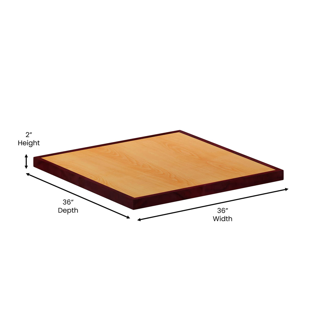 Flash Furniture 36'' Square 2-Tone High-Gloss Cherry / Mahogany Resin Table Top With 2'' Thick Drop-Lip