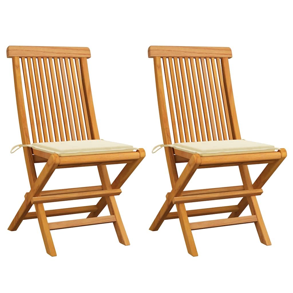 vidaXL Patio Chairs with Cream Cushions - Solid Teak Wood Construction - Lightweight, Foldable Design - Includes Polyester Seat Cushions - Ideal for Garden, Patio, Deck Usage