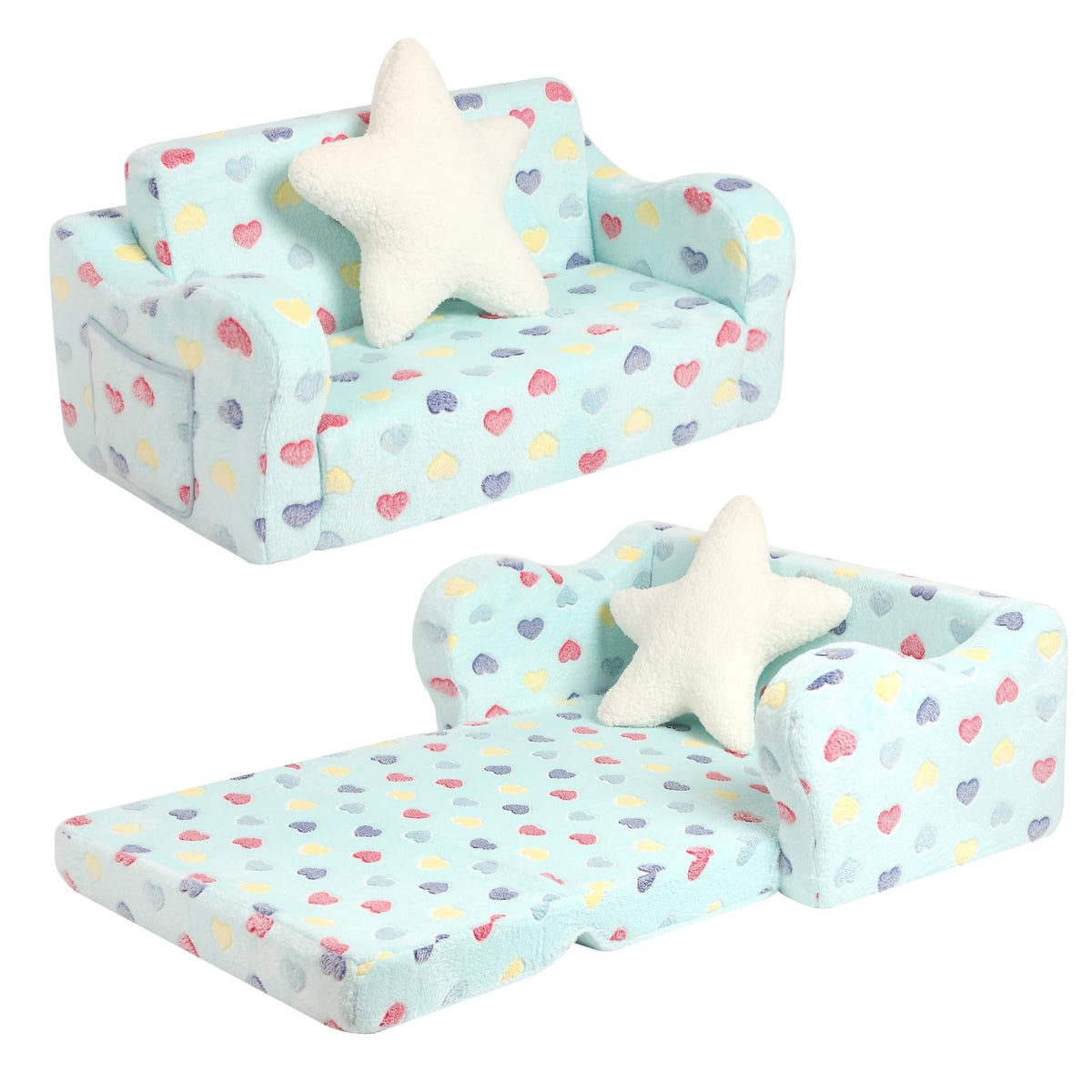 Momcaywex Extra Wider Seating Toddler Couch, 2-In-1 Toddler Soft Couch Fold Out With Star Pillow, Convertible Sofa To Lounger For Girls And Boys