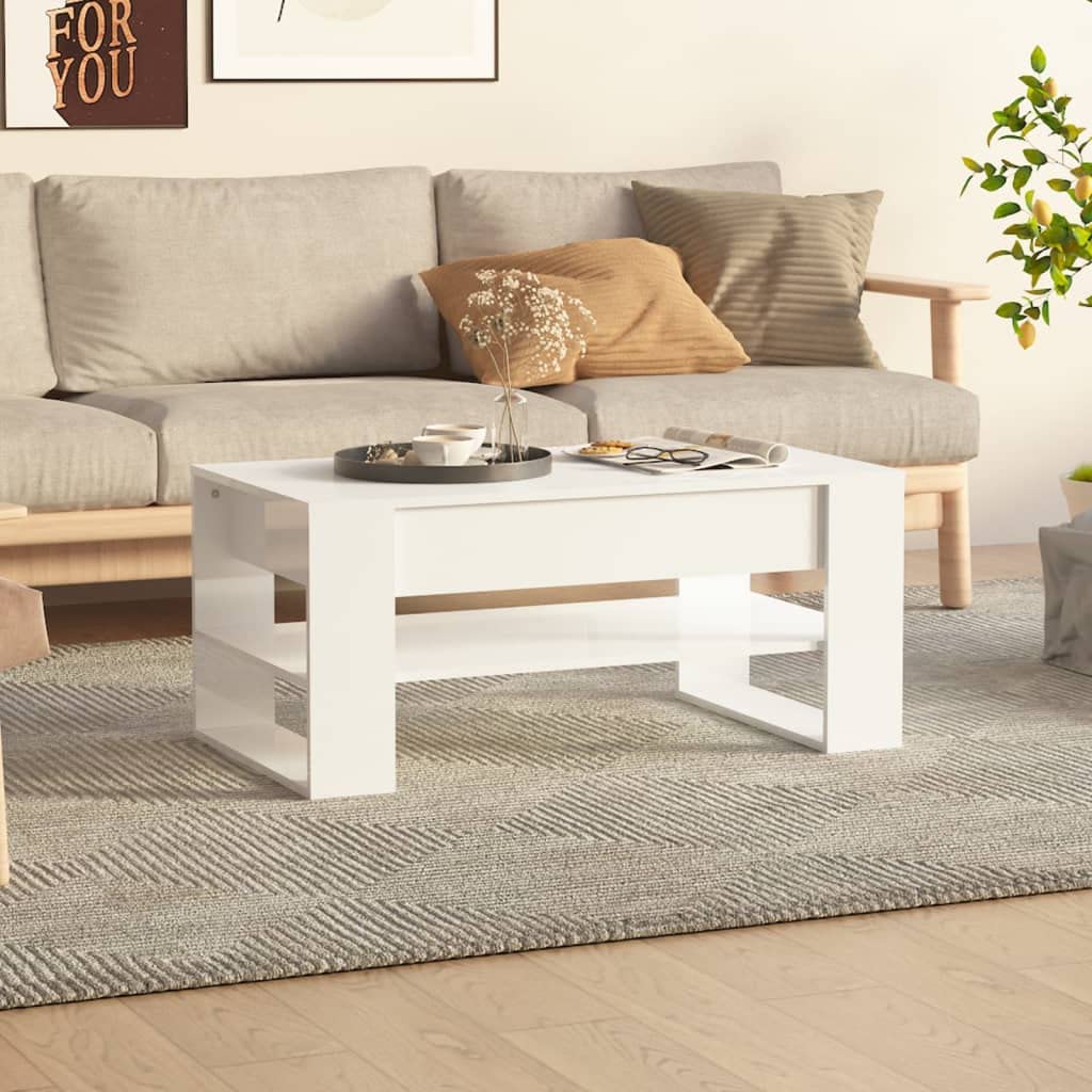 vidaXL Rectangular Coffee Table with Storage Shelf, High-Gloss White Engineered Wood, Dimensions 40.2&quot;x21.7&quot;x17.7&quot; - Assembly Required