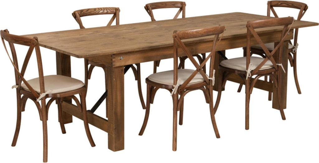Flash Furniture HERCULES Series 8' x 40'' Antique Rustic Folding Farm Table Set with 6 Cross Back Chairs and Cushions