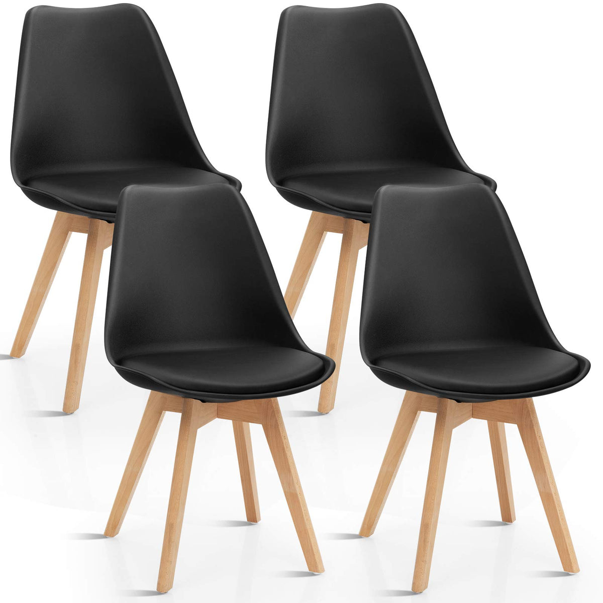 Giantex Set Of 4 Modern Dining Chairs, High Backrest Kitchen Chairs, Elegant Mid Century Side Chairs W/Padded Seat, Solid Wood Legs, Upholstered Tulip Chair For Dining Room, Living Room (Black)