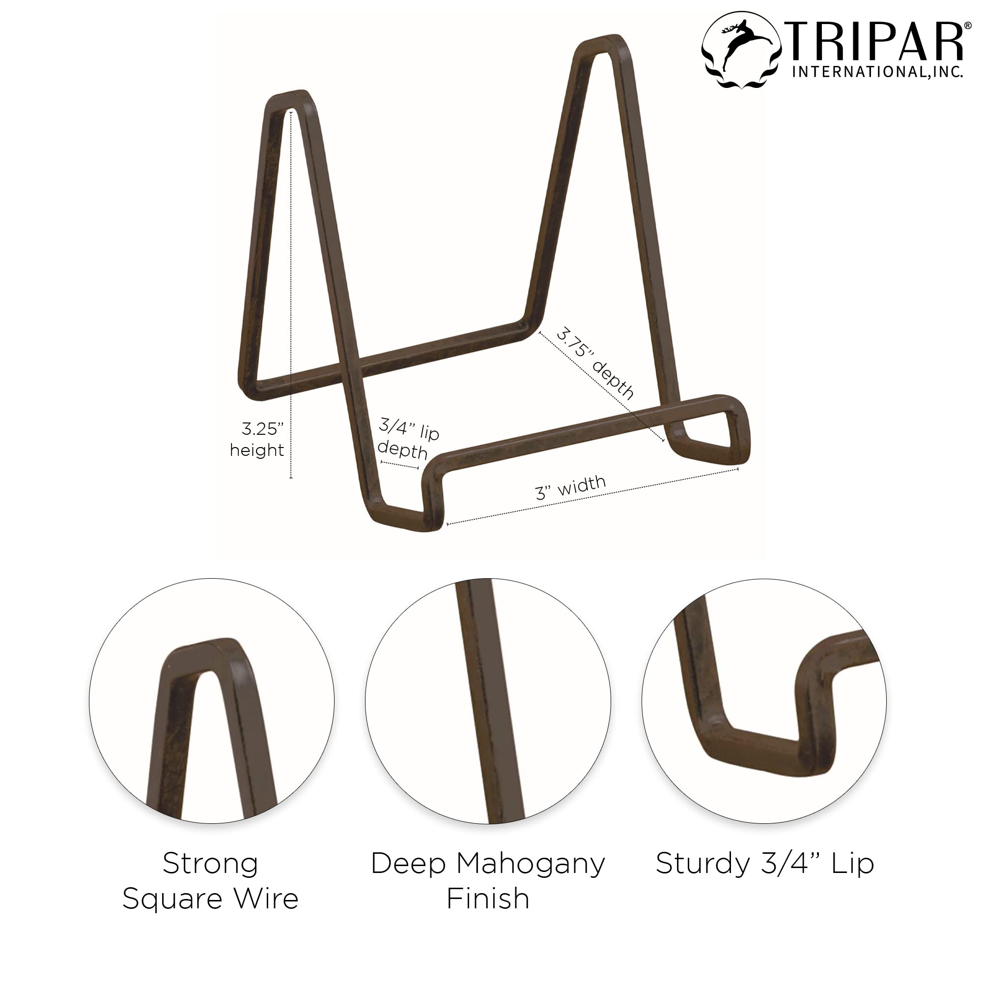 Tripar Square Metal Wire Stand, Mahogany Finish (3-Inch Depth) Tabletop Easel Sleek & Modern Look - Perfect For Books, Plates, P