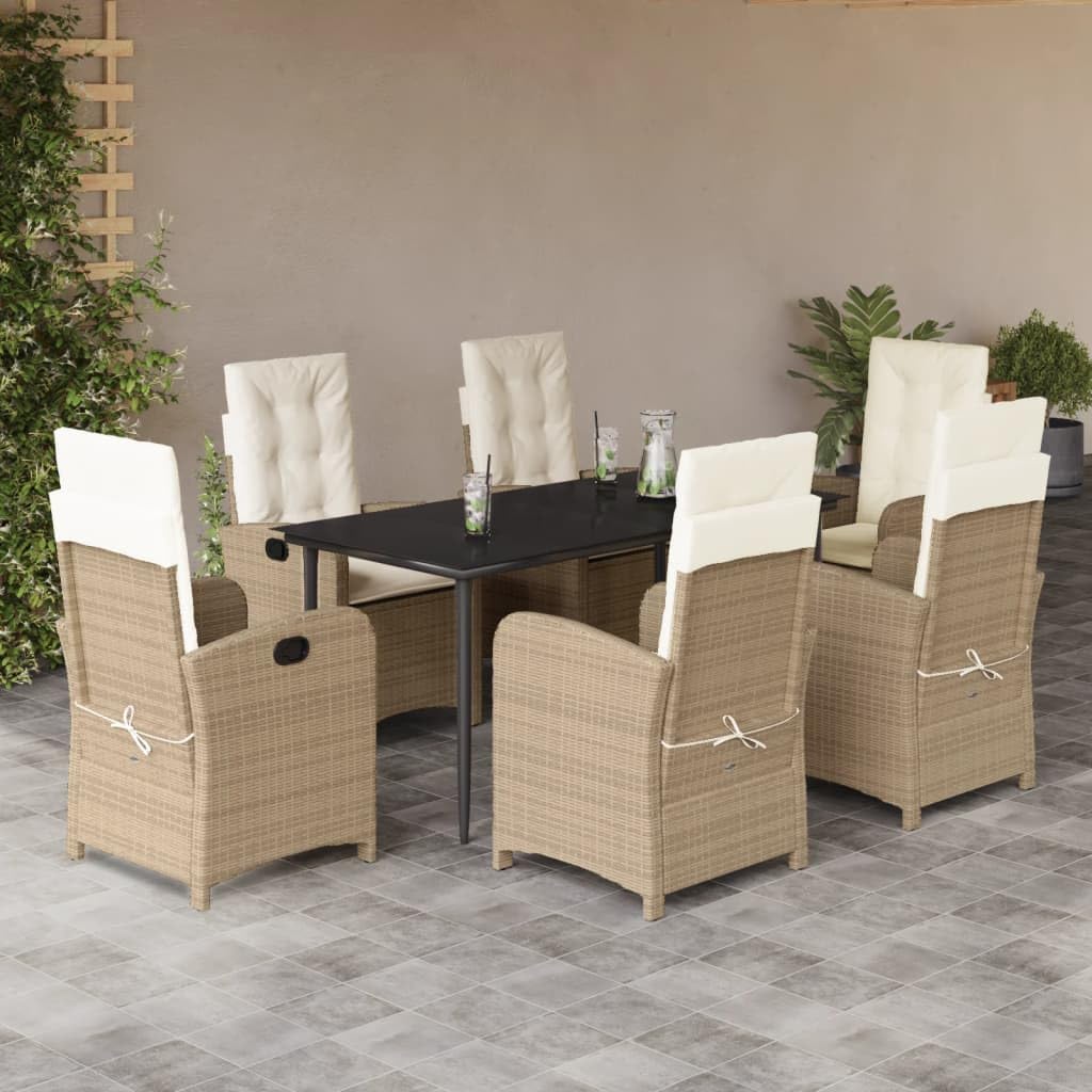 vidaXL 7 Piece Patio Dining Set with Cushions Beige Poly Rattan - Reclining Garden Chairs & Tempered Glass Table