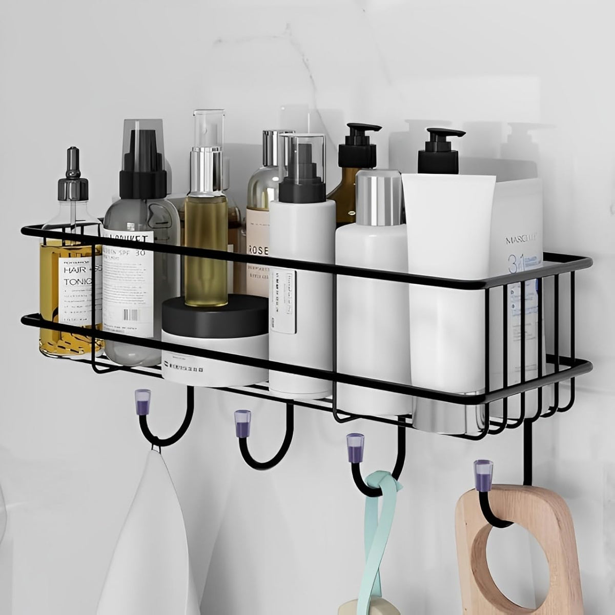 Puno Heavy Duty Wall Mounted Steel Bathroom Shelf with 4 Hooks | SelfAdhesive Storage Organizer Rack | Waterproof & RustResist