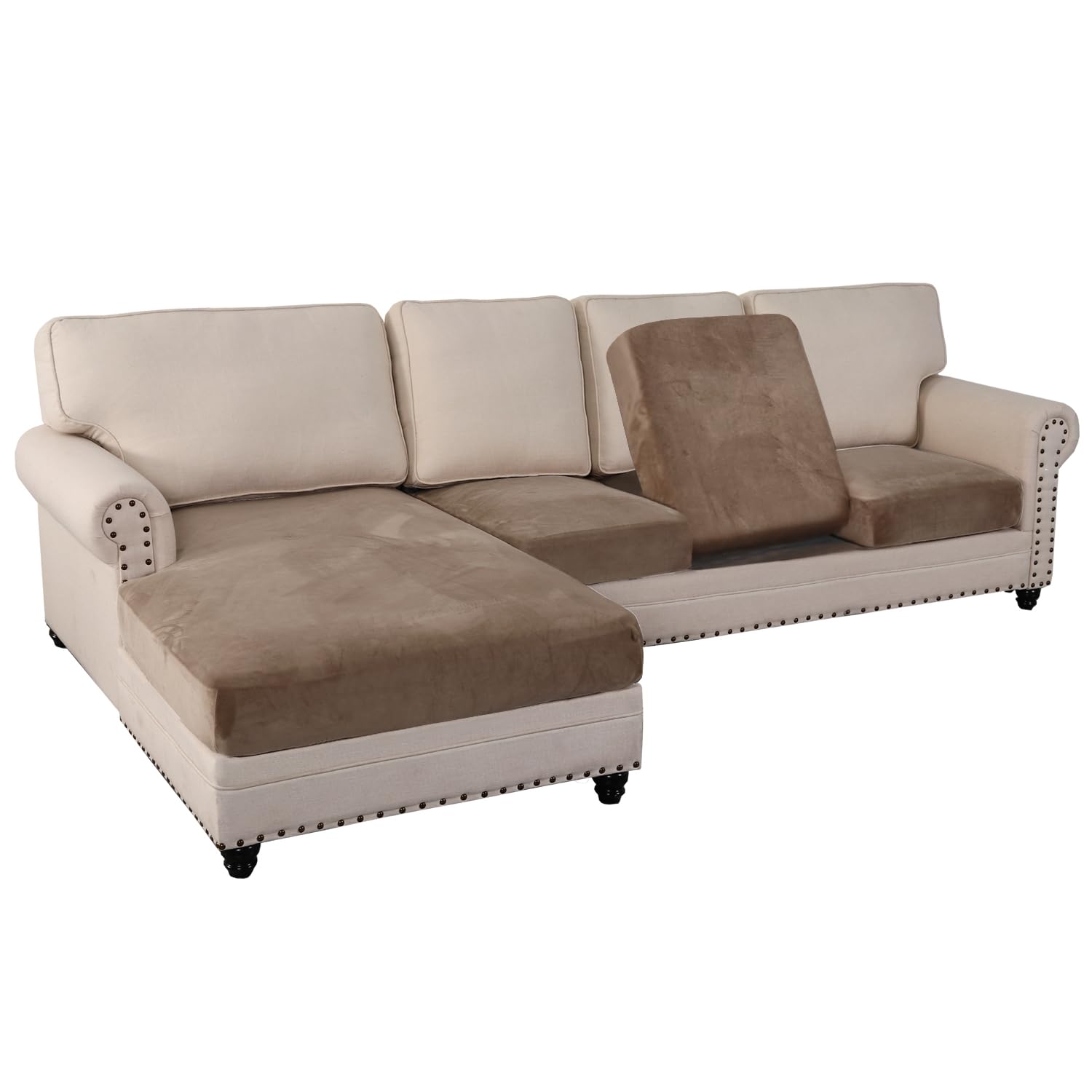 PrinceDeco Soft Sectional Couch Covers 4 Pieces Chaise Lounge Sofa Slipcover Thick Chaise Cover Couch Cushion Cover with Elastic