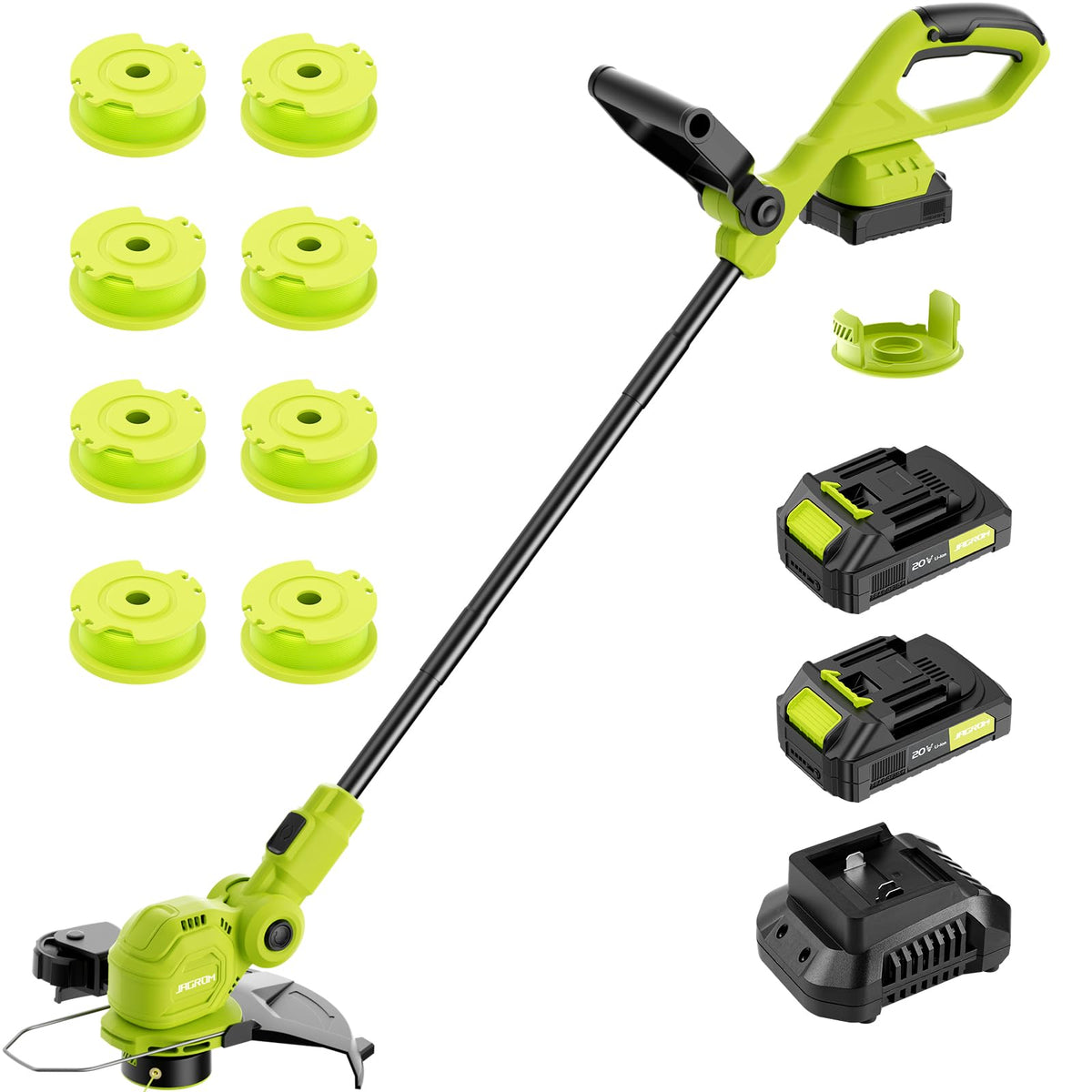Jagrom 12-Inch 20V Cordless String Trimmer With Fast Charger, 2 X 2.0Ah Battery Powered With Auto Line Feed, Lawn Edger With 8 P
