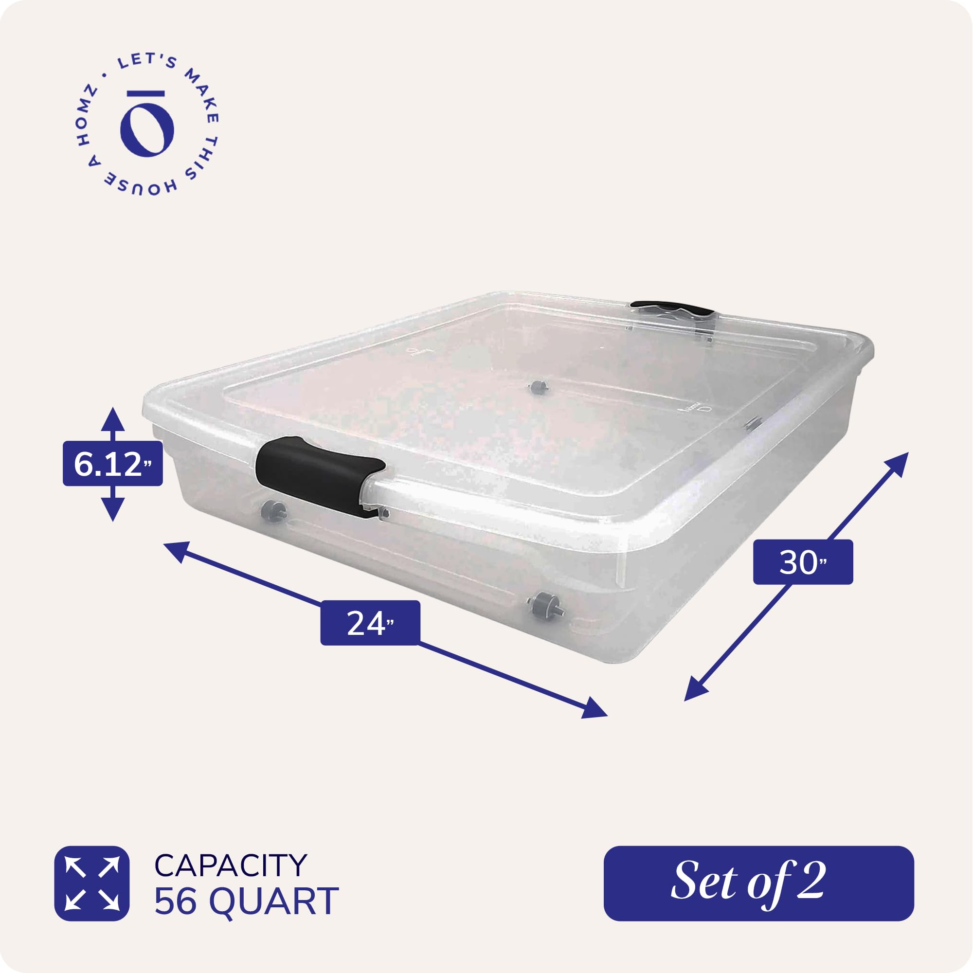 Homz Large 56 Quart Full/Queen Stackable Underbed Storage Bin, Clear Plastic Container With Rolling Wheels For Under Bed Use, 2