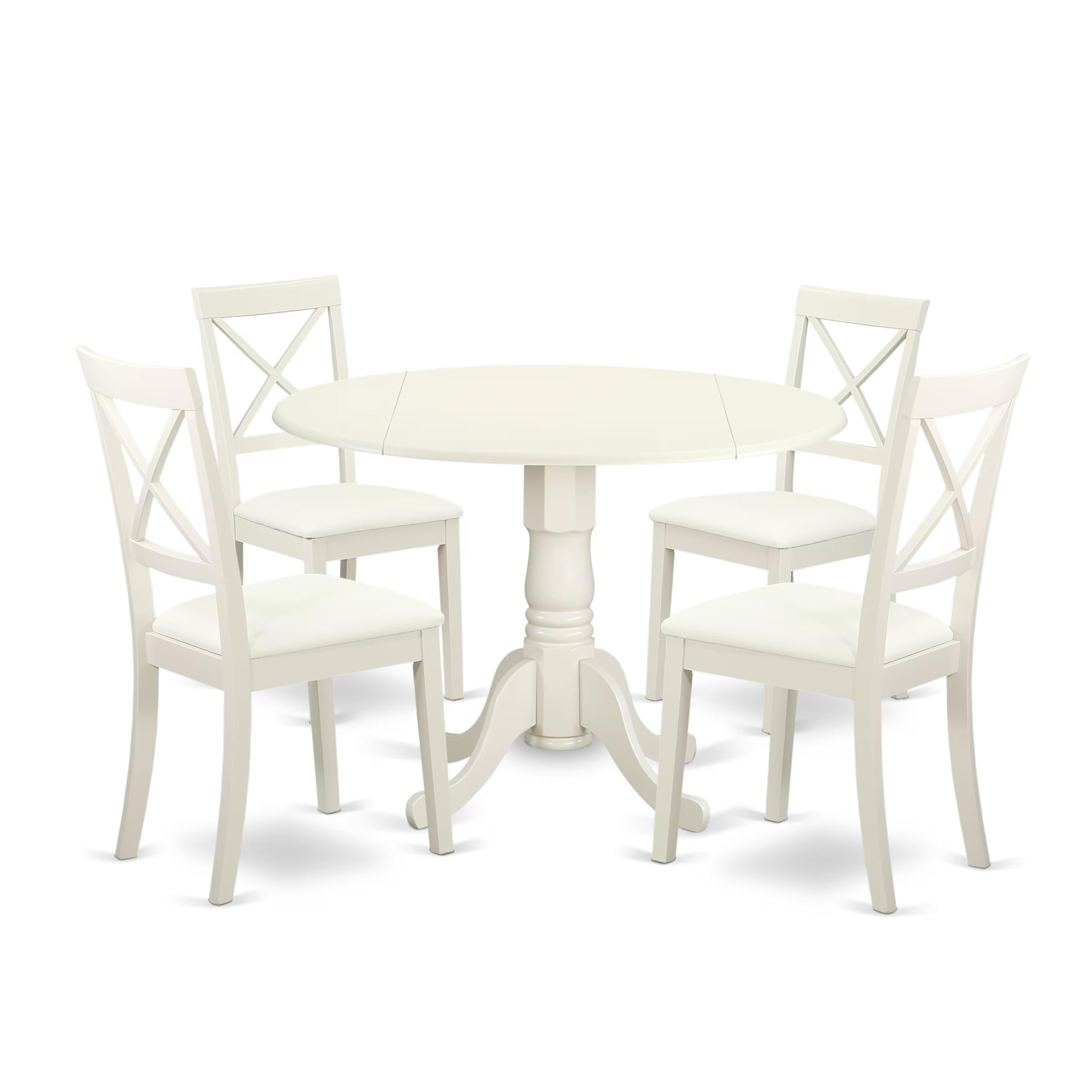 East West Furniture Dlbo5-Lwh-Lc 5 Piece Dining Room Furniture Set Includes A Round Kitchen Table With Dropleaf And 4 Faux Leather Upholstered Dining Chairs, 42X42 Inch, Linen White