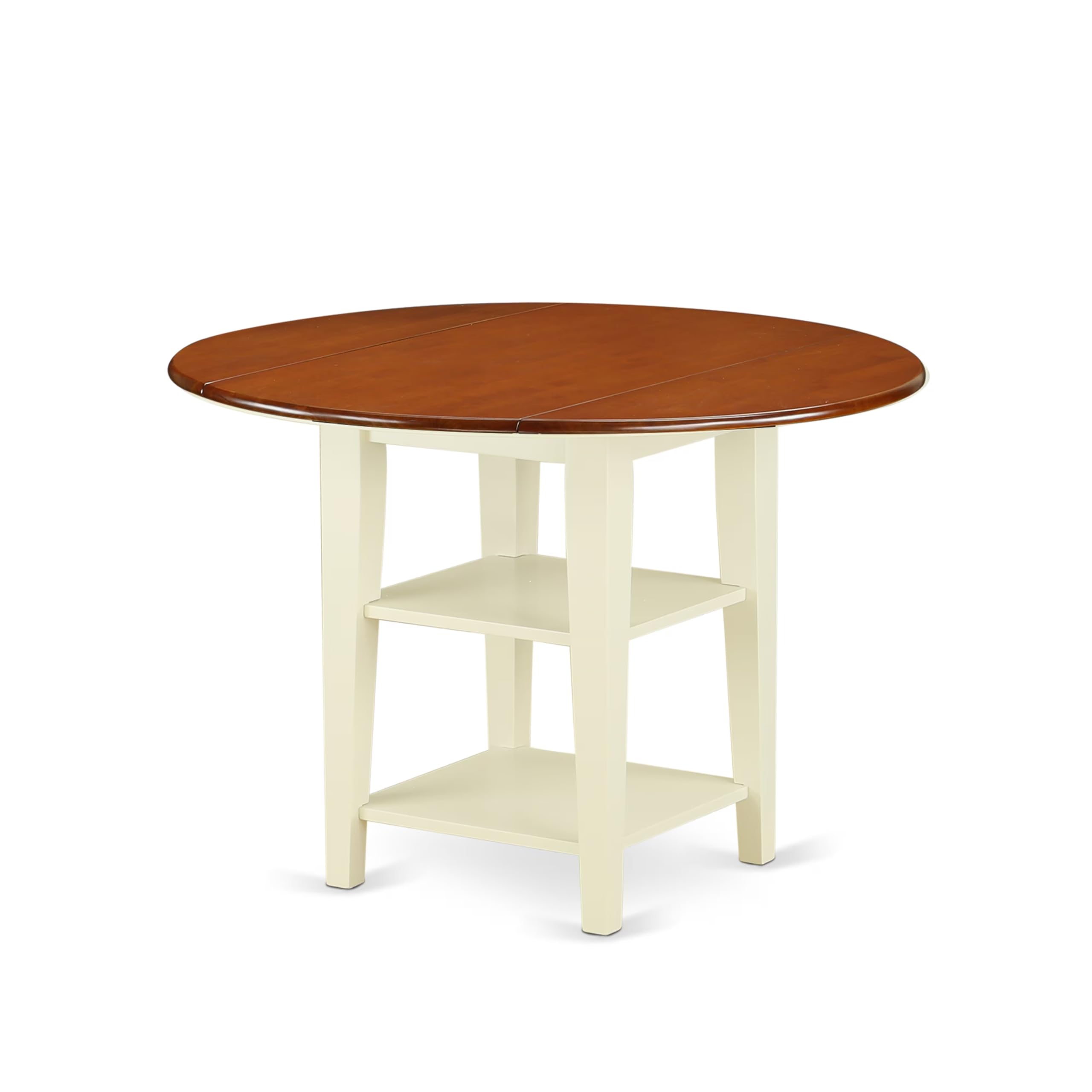 East West Furniture SUPL5-BMK-W 5 Piece Dining Room Table Set Includes a Round Kitchen Table with Dropleaf & Shelves and 4 Dining Chairs, 42x42 Inch, Buttermilk & Cherry