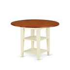 East West Furniture SUQU5-BMK-W 5 Piece Dining Room Table Set Includes a Round Kitchen Table with Dropleaf & Shelves and 4 Dining Chairs, 42x42 Inch, Buttermilk & Cherry