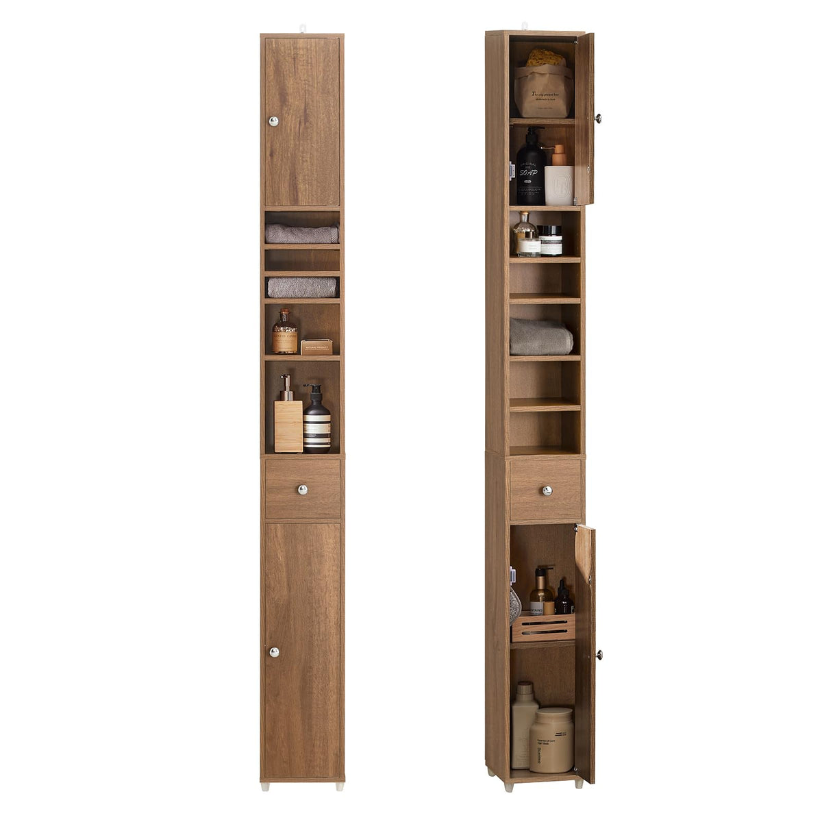 Haotian Bathroom Narrow Storage Cabinet Skinny Tall Unit With Adjustable Shelves Slender Anti-Tipping Floor Standing Cupboard, Natural Bzr34-Pf