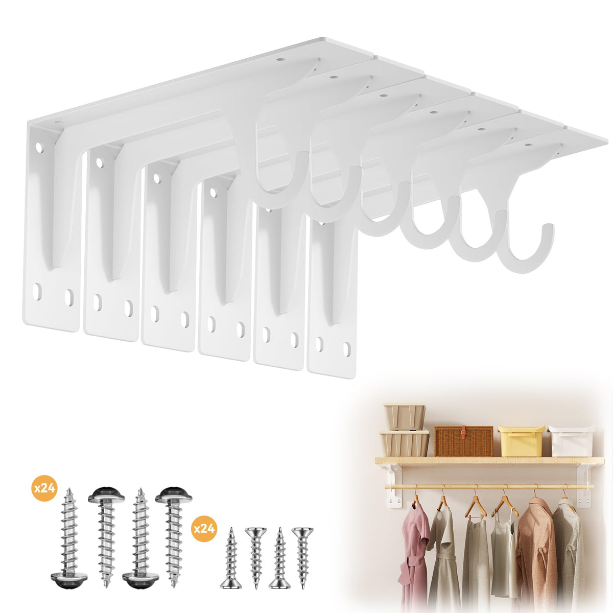6 Pack Closet Rod Support Bracket Heavy Duty 11 x 4.8 Inch 300 lbs Capacity