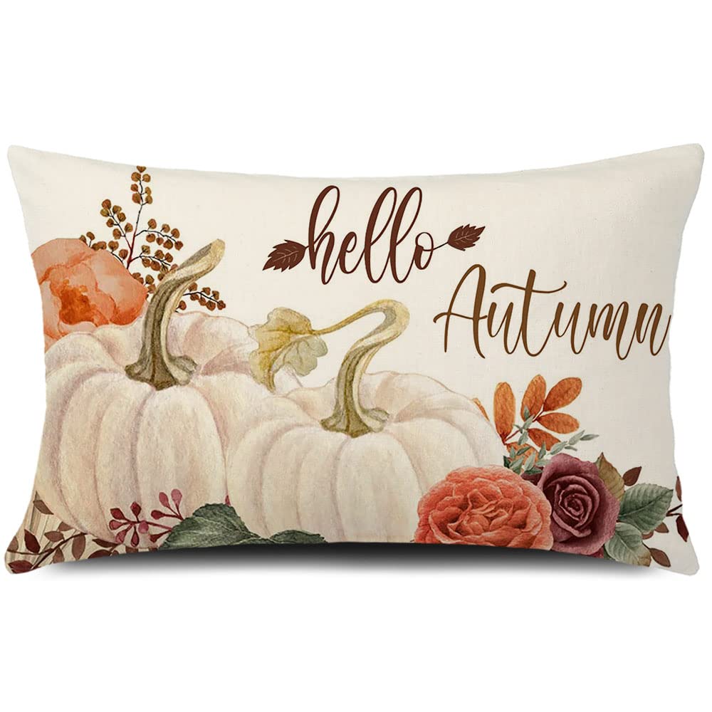 Gtext 20X12 Inch Fall Throw Pillow Cover Hello Autumn Cushion Cover Autumn Decor Fall Pumpkins Pillow Cover Outdoor Pillow Linen