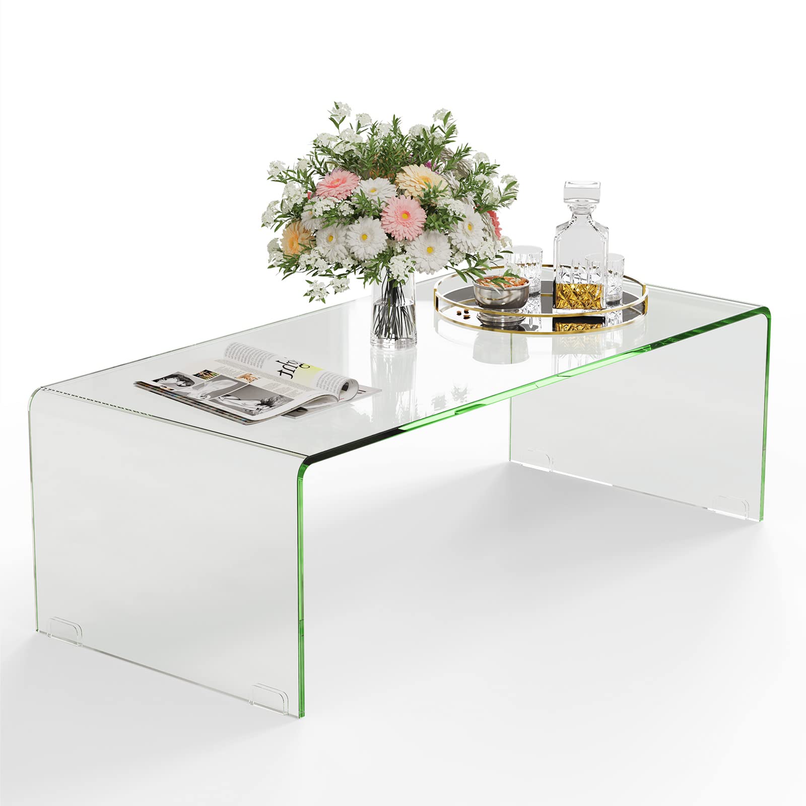 Tangkula Glass Coffee Table, 42.5' L × 20' W ×14' H, Modern Home Furniture, Clear Tempered Glass End Table, International Occasion Tea Table, Waterfall Table With Rounded Edges (Clear)